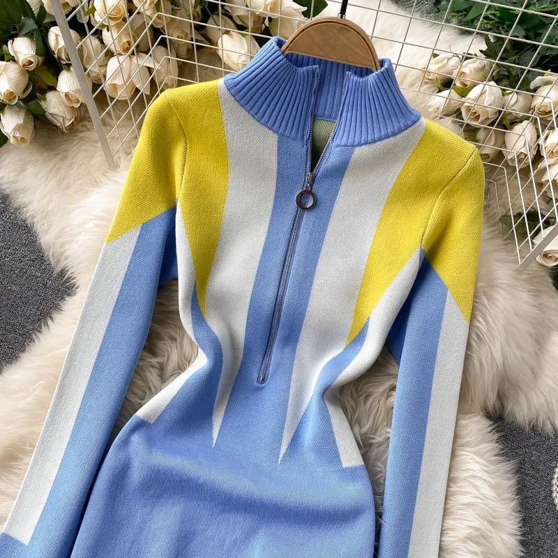 Women's Geometric Knit Bodycon Dress with Zipper Collar | Autumn Winter Fashion Streetwear | Perfect for Office Wear, Date Night & Holiday Parties