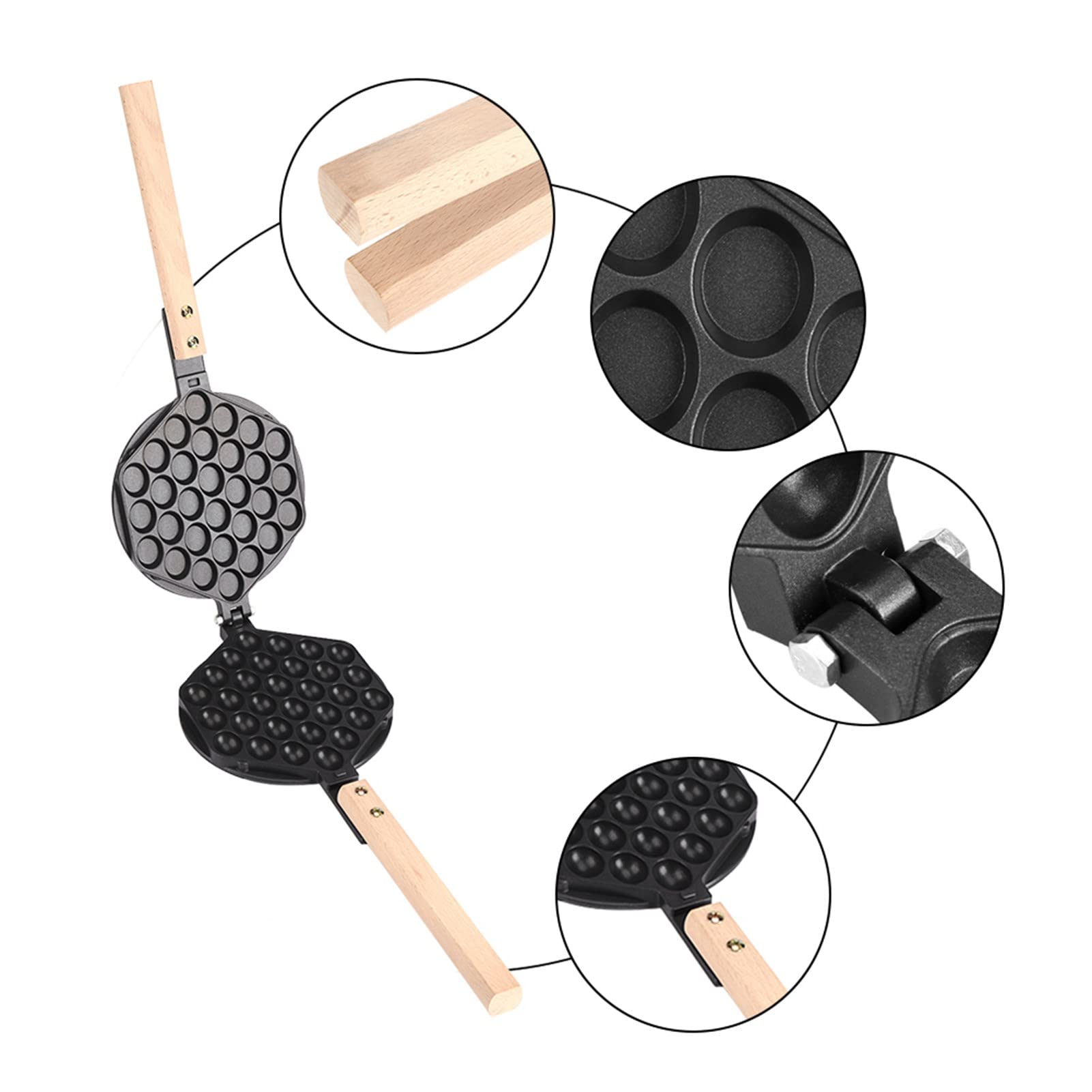 Hztyyier Nonstick Waffle Maker with Egg Bubble Waffle Plate - Stainless Steel Construction & Wooden Handles (Black) - Perfect for Breakfast, Brunch & Dessert Making at Home