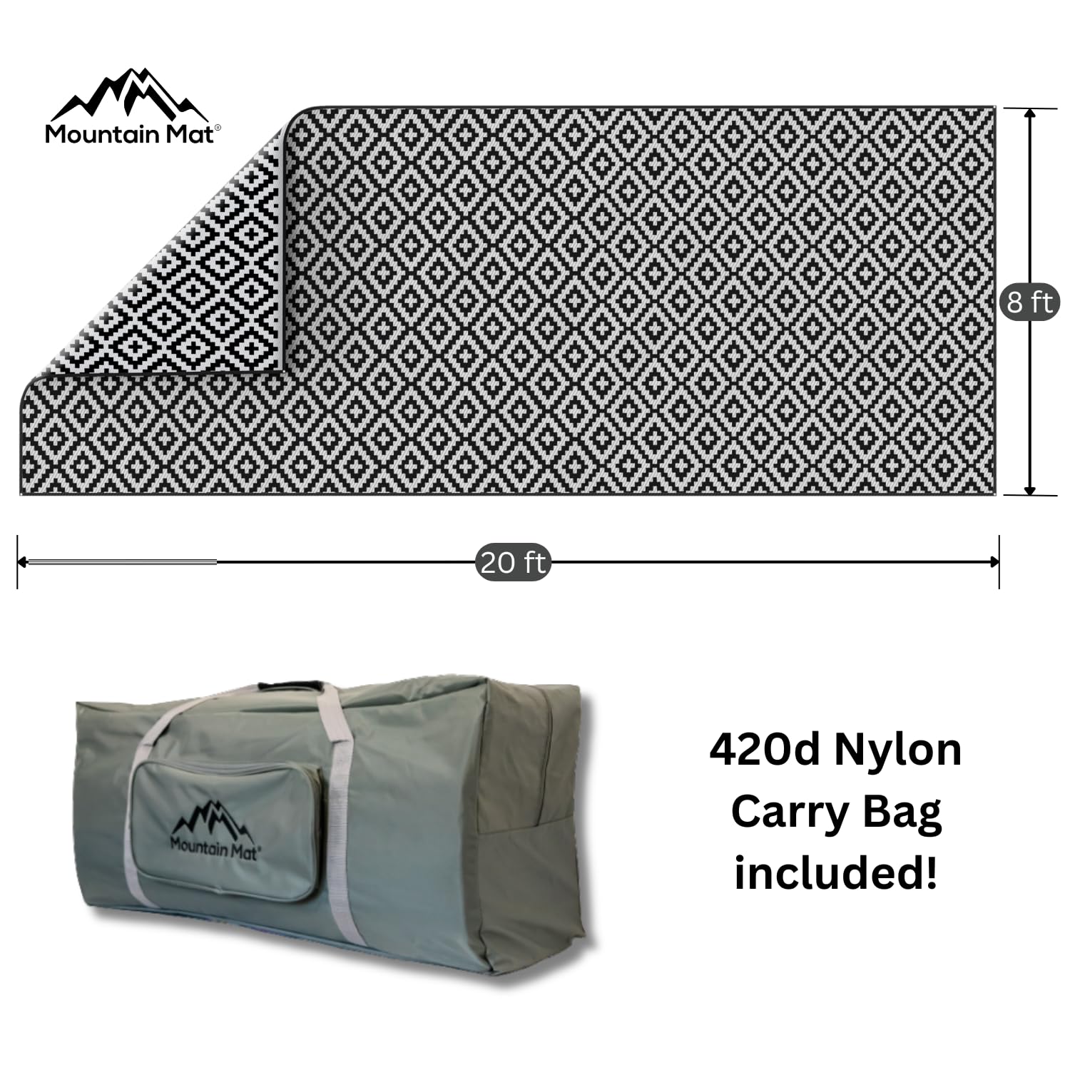 Premium Heavy Duty RV Patio Mat 8' x 20' - Waterproof, Reversible Camping Rug Made from Recycled Polypropylene - 5mm Thick Durable Outdoor Carpet with Carry Bag (Black) - Perfect for RV Camping, Picnics, Beach & Backyard Use