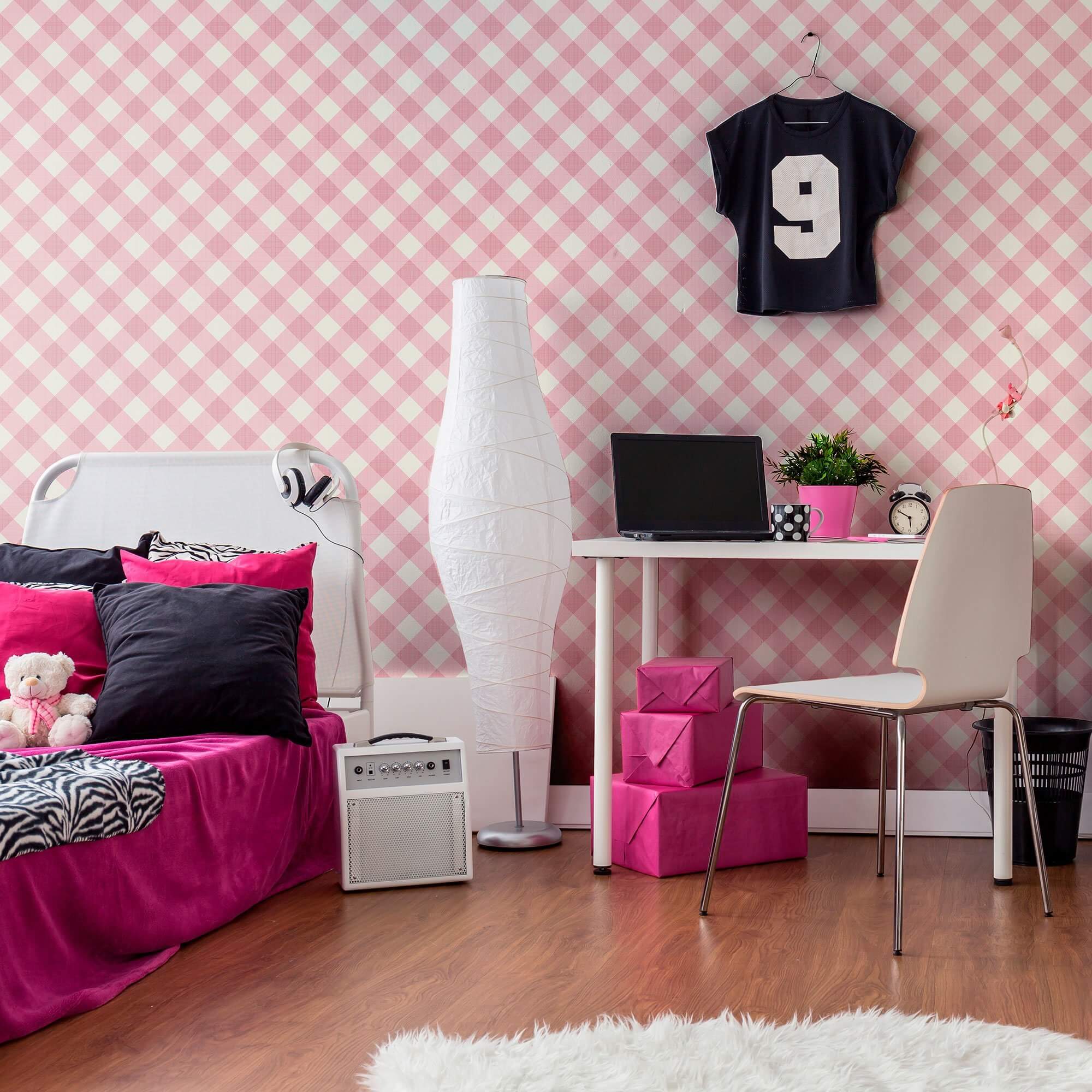 Pink Plaid Peel and Stick Removable Wallpaper - Self-Adhesive Decorative Wall Covering for Bedroom, Nursery & Home Office Decor