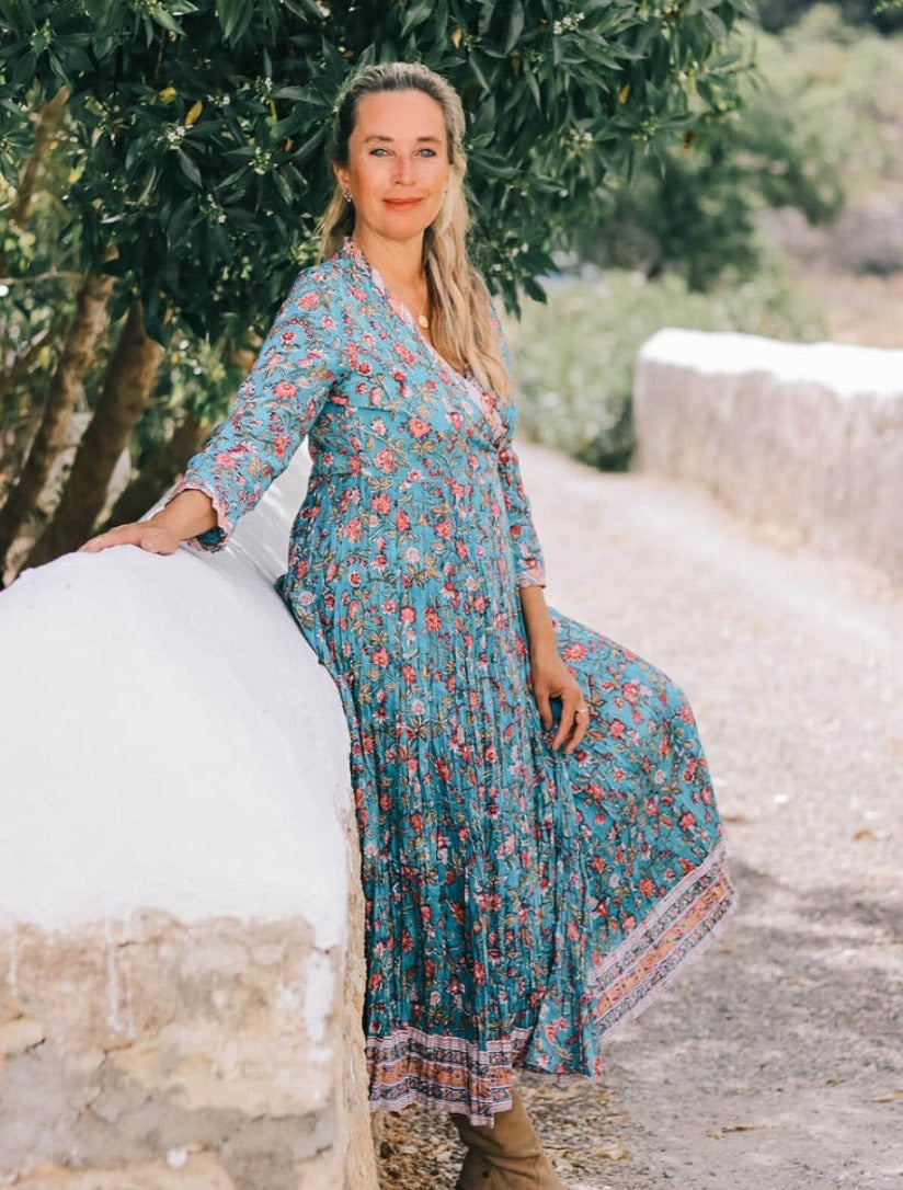 Elegant Wrap Dress in Amber Blue - Flattering Women's Midi Dress for Casual Wear, Office & Special Occasions