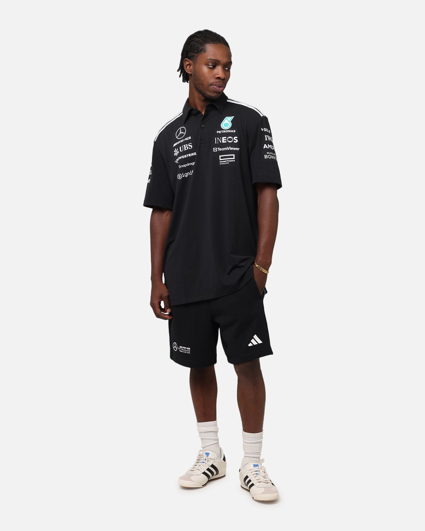 Adidas x Mercedes AMG PETRONAS F1 2025 Team Polo Shirt - Black & White - Official Formula One Racing Apparel for Fans & Enthusiasts - Perfect for Race Day & Casual Wear