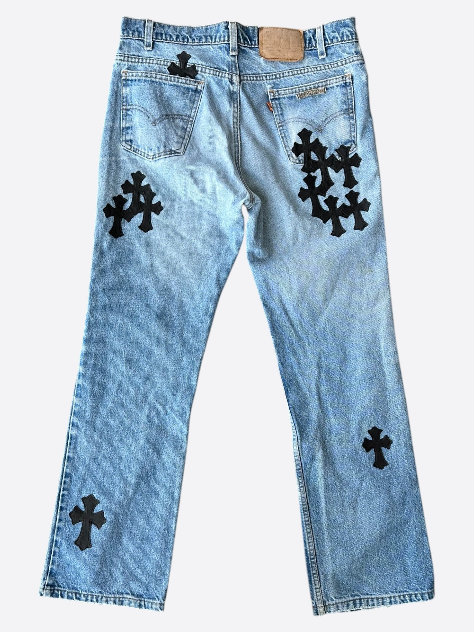 Chrome Hearts x Levi's Blue & Black Cross Patch Denim Jeans for Men - Stylish Vintage Streetwear for Casual Outfits and Night Out
