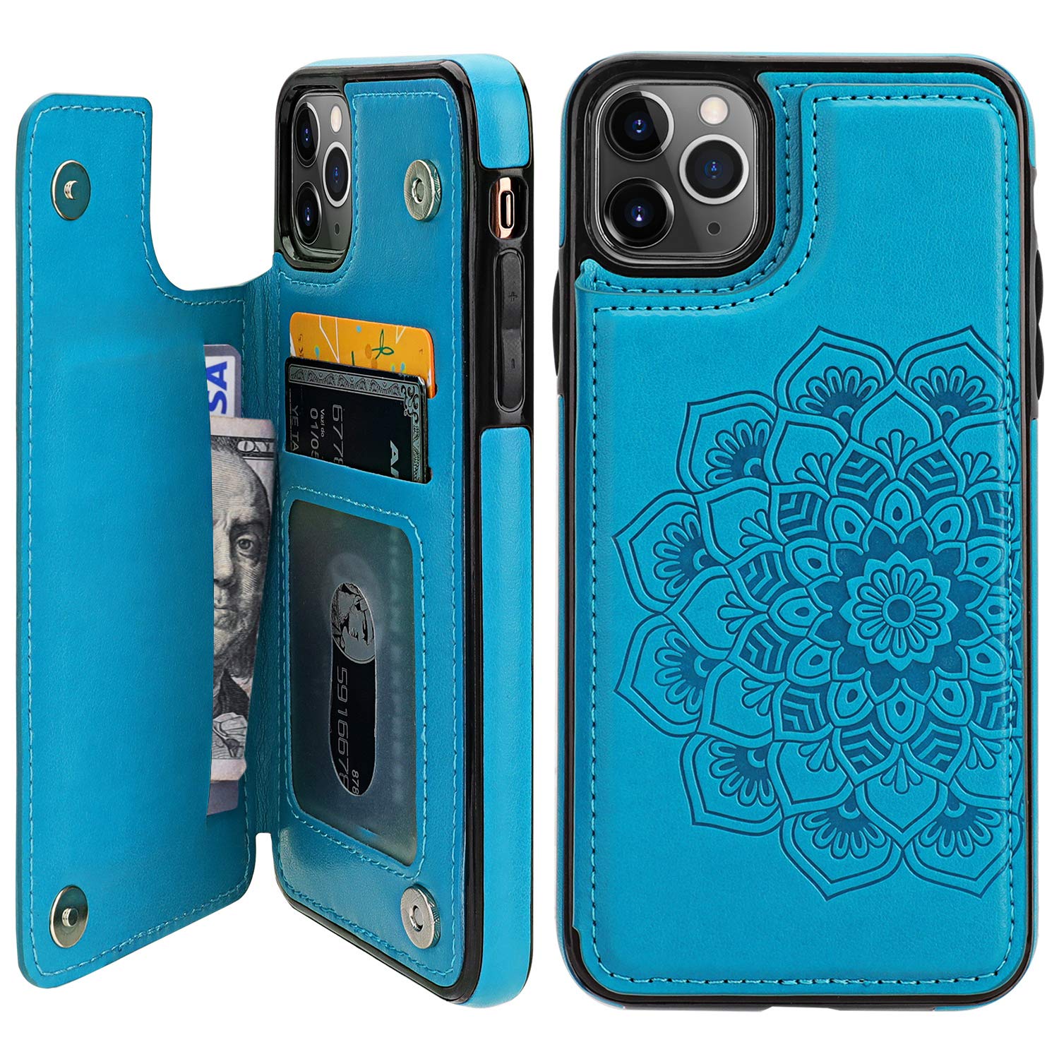 Premium PU Leather iPhone 11 Pro Max Case with Card Holder & Magnetic Closure - Embossed Mandala Design, Shockproof Protective Wallet Cover for iPhone 11 Pro Max 6.5