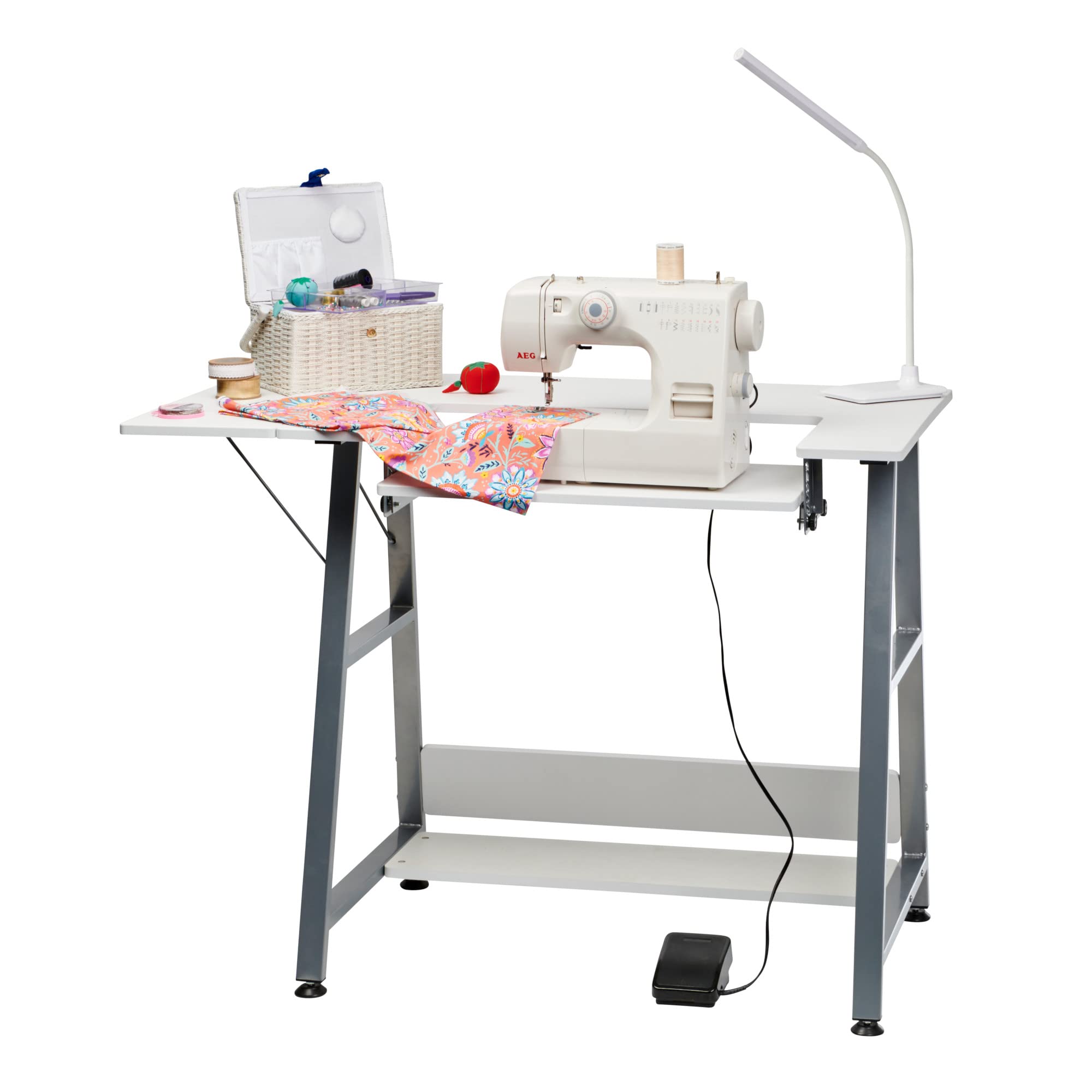 Adjustable Small Sewing Table with Drop Leaf Extension - White & Silver Sewing Machine Table with Storage Shelf | Perfect for Quilting, Crafting & Home Office Use - WC1013