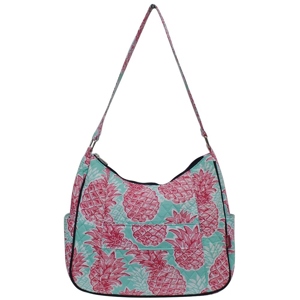 NGIL Quilted Cotton Hobo Shoulder Bag - Southern Summer Pineapple Navy Print - Stylish Women's Crossbody Purse for Casual Outings, Beach Trips & Summer Fashion