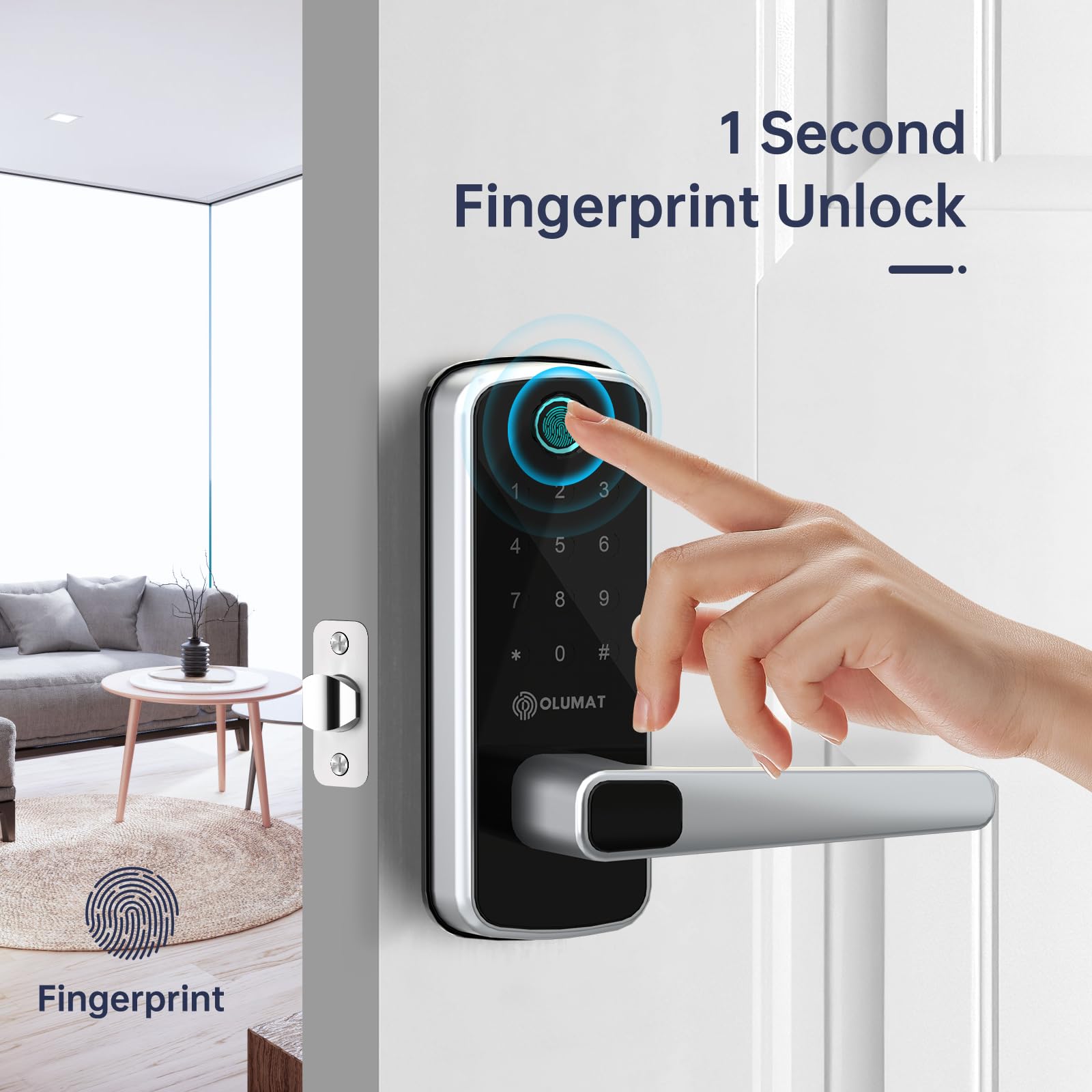 Smart WiFi Keyless Entry Door Lock with Fingerprint & Keypad - Olumat Smart Handle Door Lock for Front Door - Secure & Convenient Home Access Control for Apartments, Houses & Offices