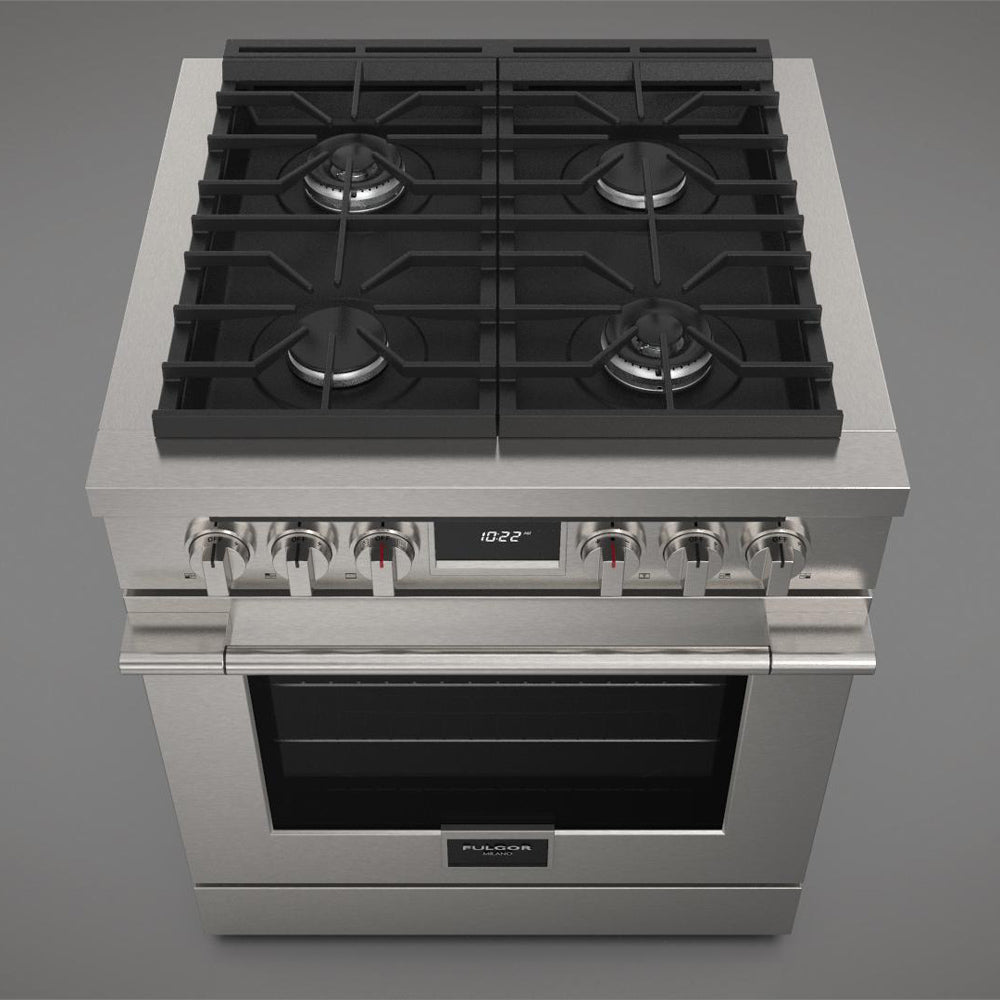 Fulgor Milano 30-inch 400 Series Accento Dual Fuel Range - Stainless Steel (F4PDF304S1) | Professional Gas & Electric Stove for Modern Kitchens