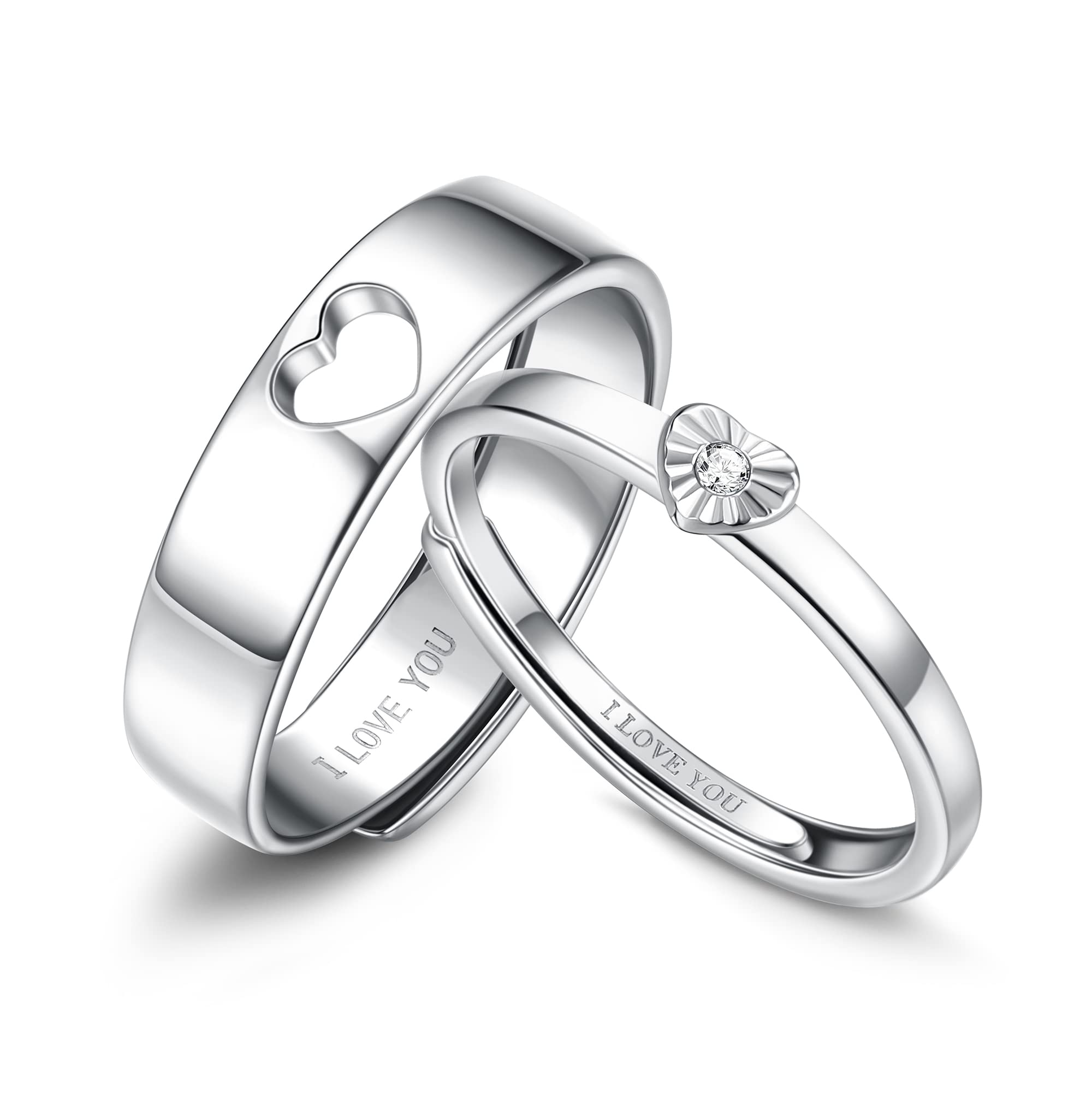 KRFY 925 Sterling Silver Adjustable Rings for Women & Men - Heart Couple Wedding Bands, Promise Matching Rings Set, Dainty Jewelry Gift for Teens | Perfect for Anniversaries, Engagements & Valentine's Day