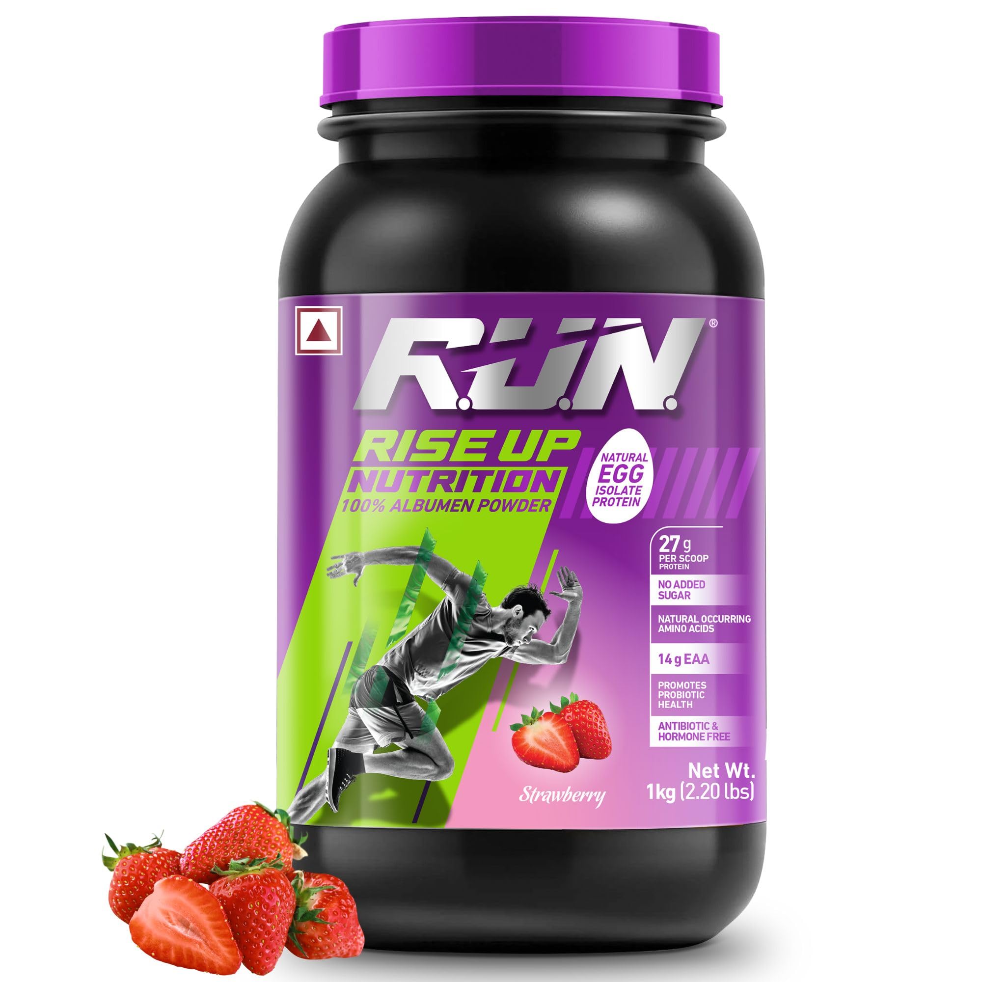 R.U.N-RISE UP NUTRITION Egg White Protein Powder - 27g Protein & 14g EAA | Lactose, Soy & Gluten Free | Strawberry Flavor - 1kg for Athletes, Gym & Fitness | Supports Immunity & Muscle Recovery - Perfect for Post-Workout Shakes & Smoothies