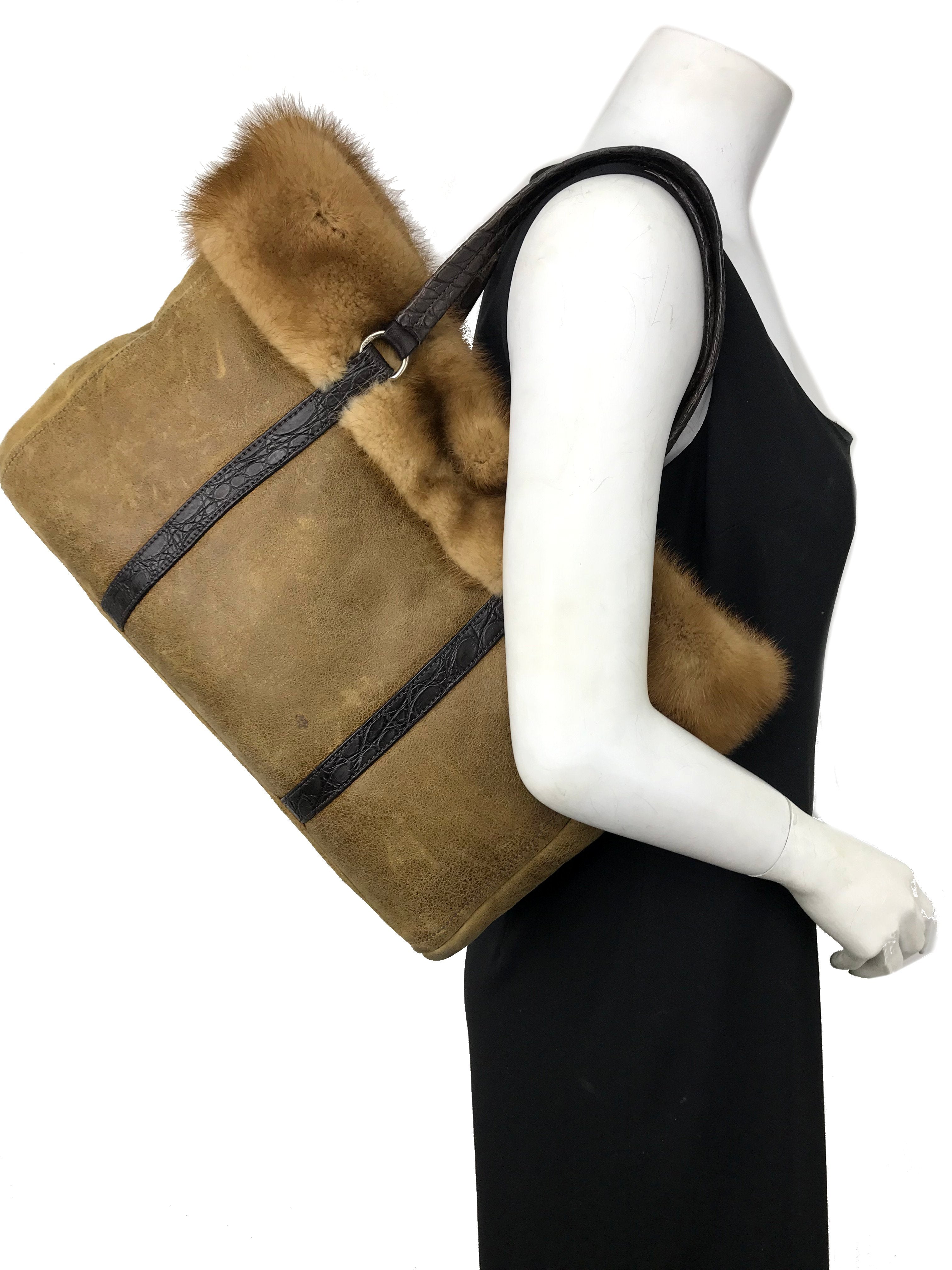 Prada Distressed Leather Mink Fur Tote Bag for Women - Luxury Designer Handbag for Shopping, Work & Travel | Stylish Everyday Purse for Office & Outings