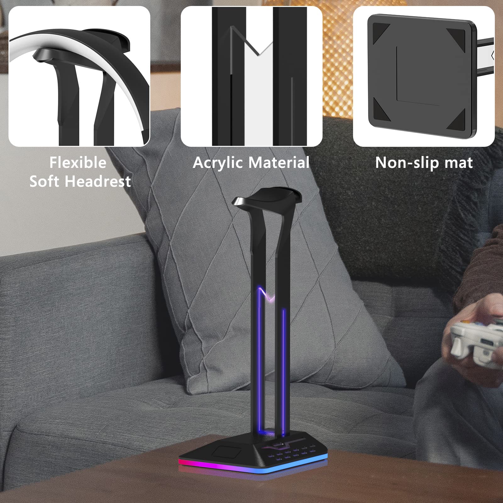 Geekria Premium ABS RGB Gaming Headphone Stand - Heavy Base Headset Holder for Sennheiser, Bose, Beats, Razer, AKG, Sony PS4 - Perfect for Desk Organization & Gaming Setup (Black)