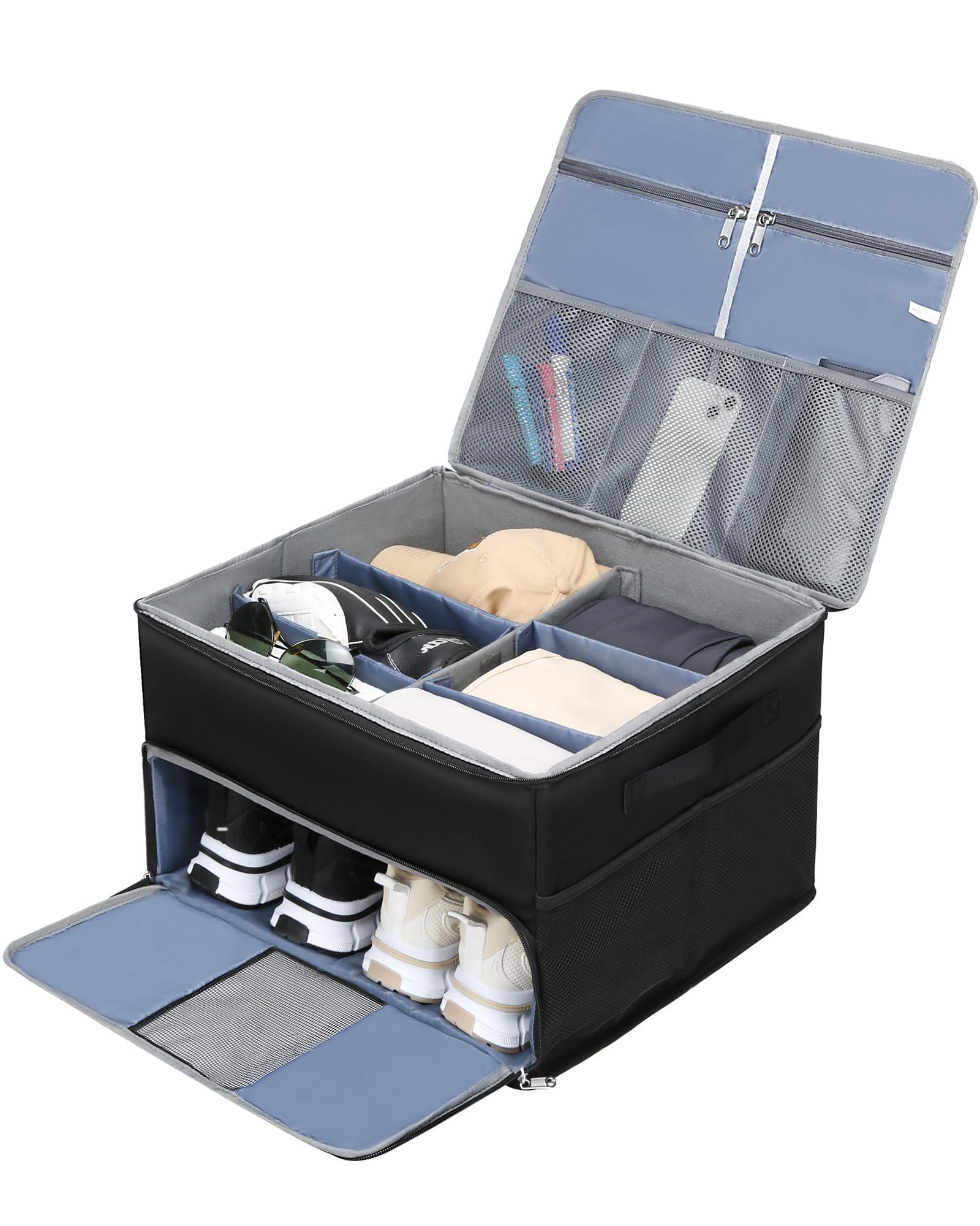 Premium Golf Trunk Organizer - Large Collapsible Storage Box with 4 Dividers for Golf Shoes, Clothes, Gloves & Hats | Water-Resistant Golf Shoe Bag Holds 2 Pairs | Perfect Golf Accessories for Men & Women | Ideal for Car Storage, Travel & Golf Course Organization