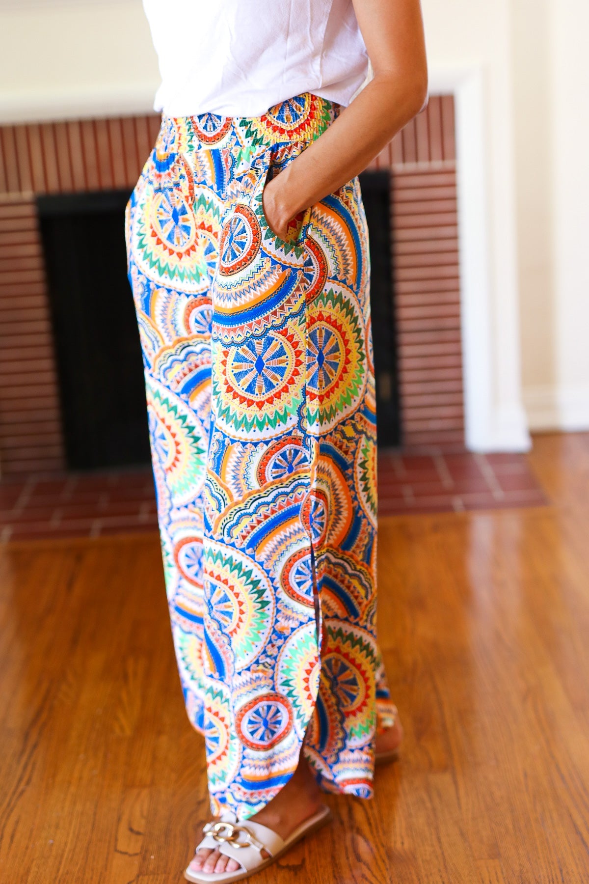 Stylish Multicolor Mandala Print Smocked Waist Palazzo Pants with Side Slits - Perfect for Yoga, Beach Vacations & Boho Fashion Outfits
