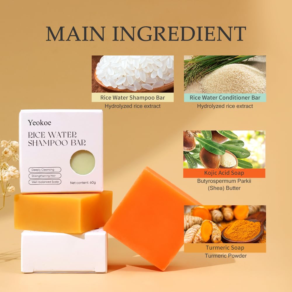 Turmeric Soap Bar & Rice Water Shampoo Conditioner Bar Set with Kojic Acid - Deep Cleansing for Body, Face & Hair | Travel Toiletries & Spa Gifts for Women | Perfect for Skincare Routine, Travel Essentials & Relaxing Self-Care Moments