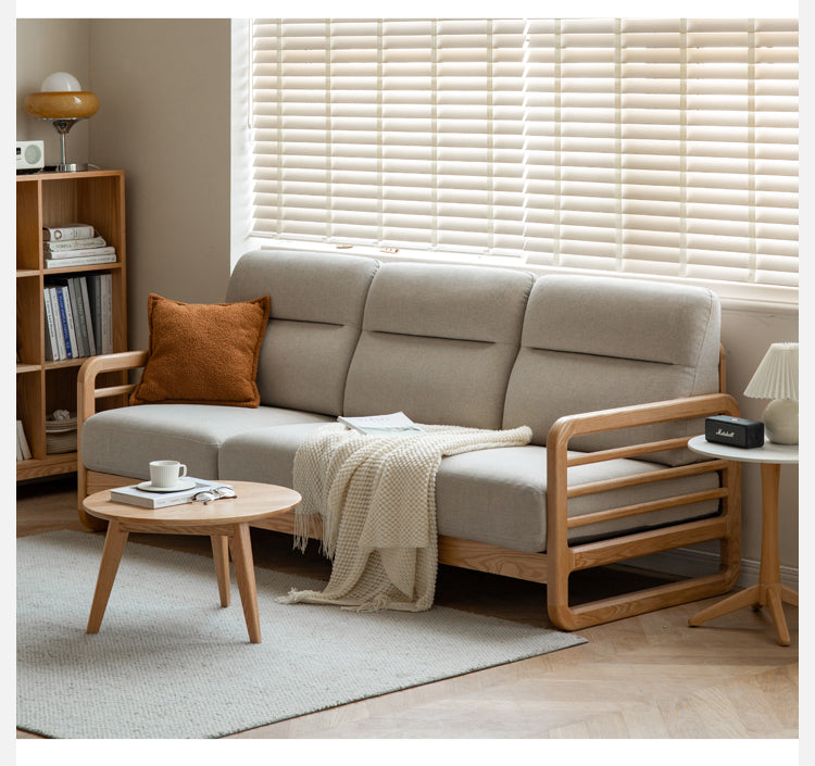 Oak Wood Fabric Sofa with String Style Backrest - Modern Living Room Furniture for Comfortable Home Decor