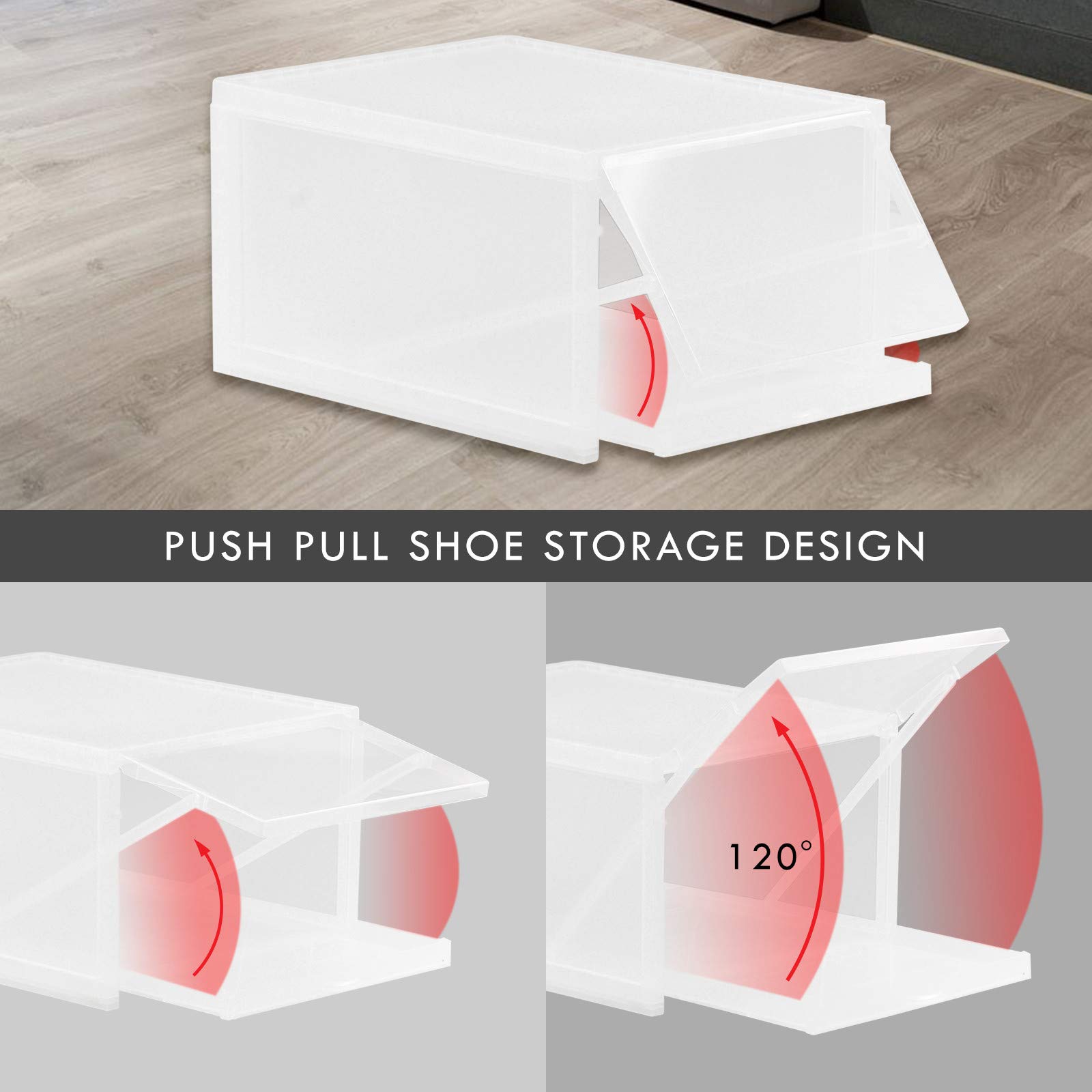 6-Pack Stackable Clear Plastic Shoe Storage Boxes with Push-Pull Drawers & 120° Lids - Transparent Shoe Organizer for Closet, Entryway, Sneaker Cabinet - Perfect for Home, Dorm, Office & Travel Shoe Organization