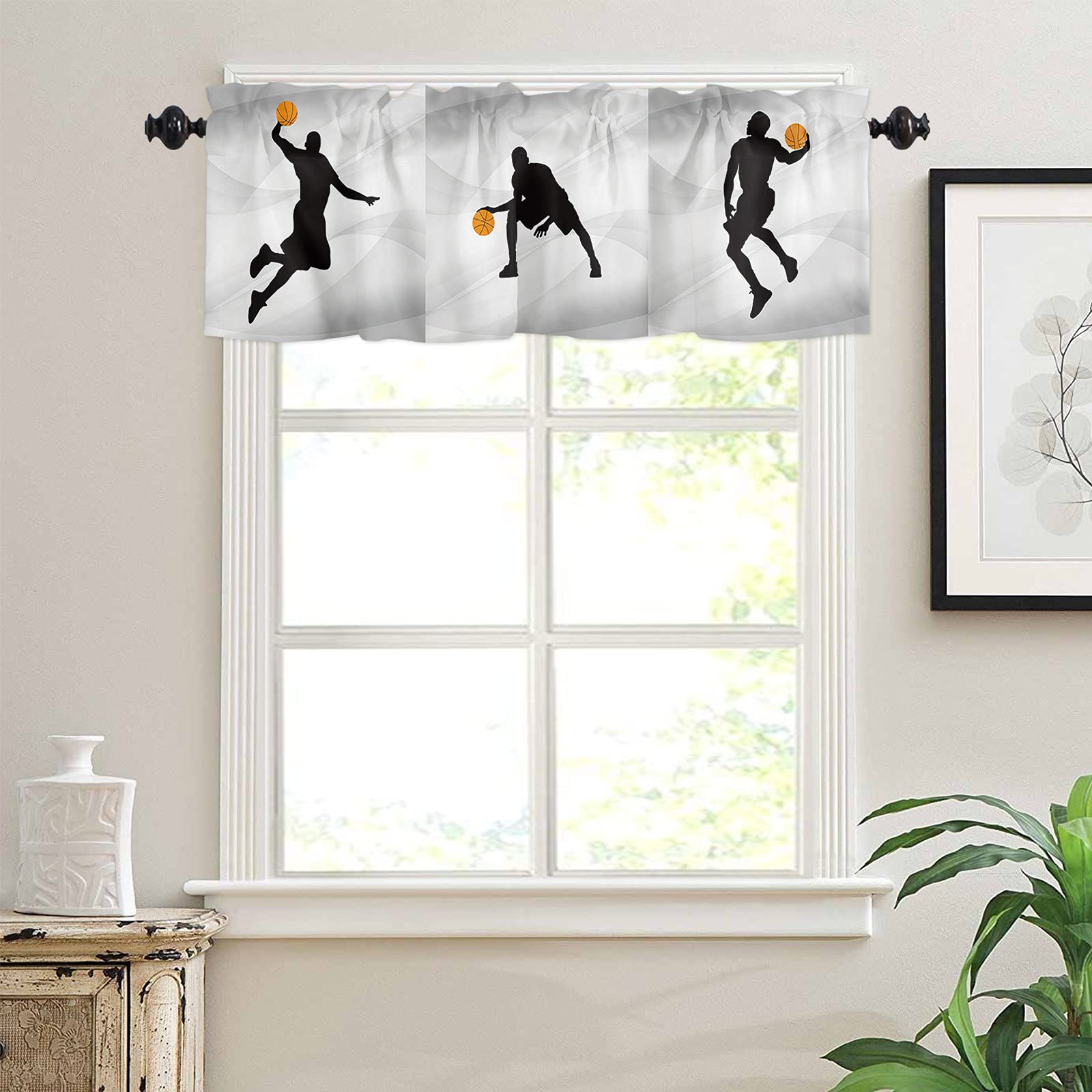 Basketball Sports Curtain Valances - Slam Dunk Patchwork Design, 54x18 Inch Window Treatment Tier Curtains with Rod Pocket for Kitchen & Living Room - Perfect for Sports Themed Bedrooms, Game Rooms, and Basketball Fans Decor