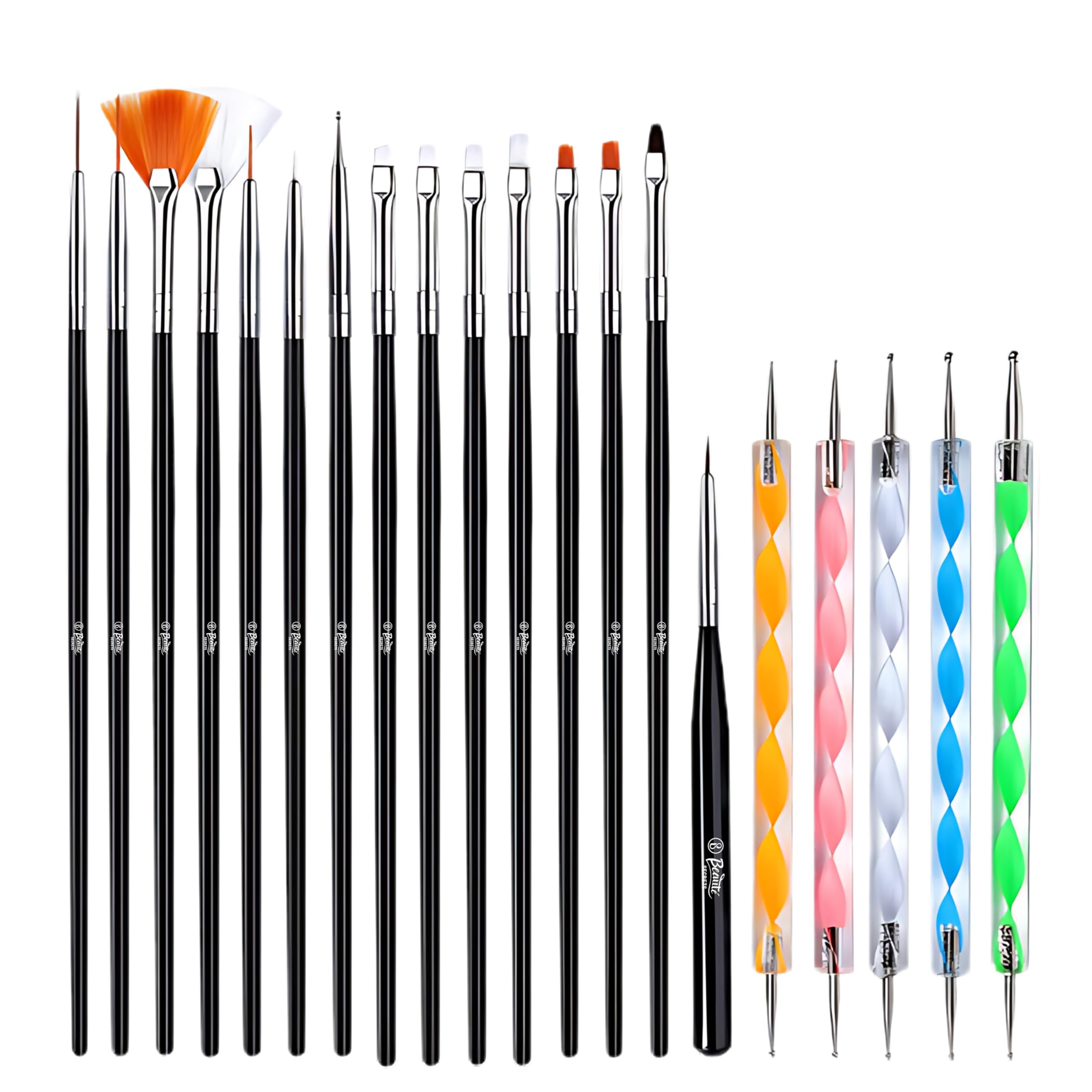 20 Pcs Professional Nail Art Brush Set for Acrylic, UV Gel & Nail Design - Dotting Tools, Painting Pens & Polish Brushes Kit for Salon, Home Manicure & DIY Nail Art