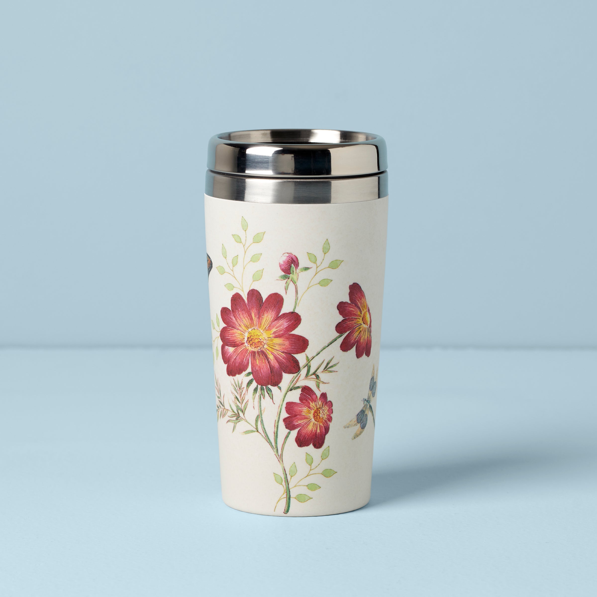 Butterfly Meadow Bamboo Travel Mug - Eco-Friendly Insulated Coffee Cup for Hot & Cold Drinks - Perfect for Office, Commuting, Hiking & Outdoor Adventures