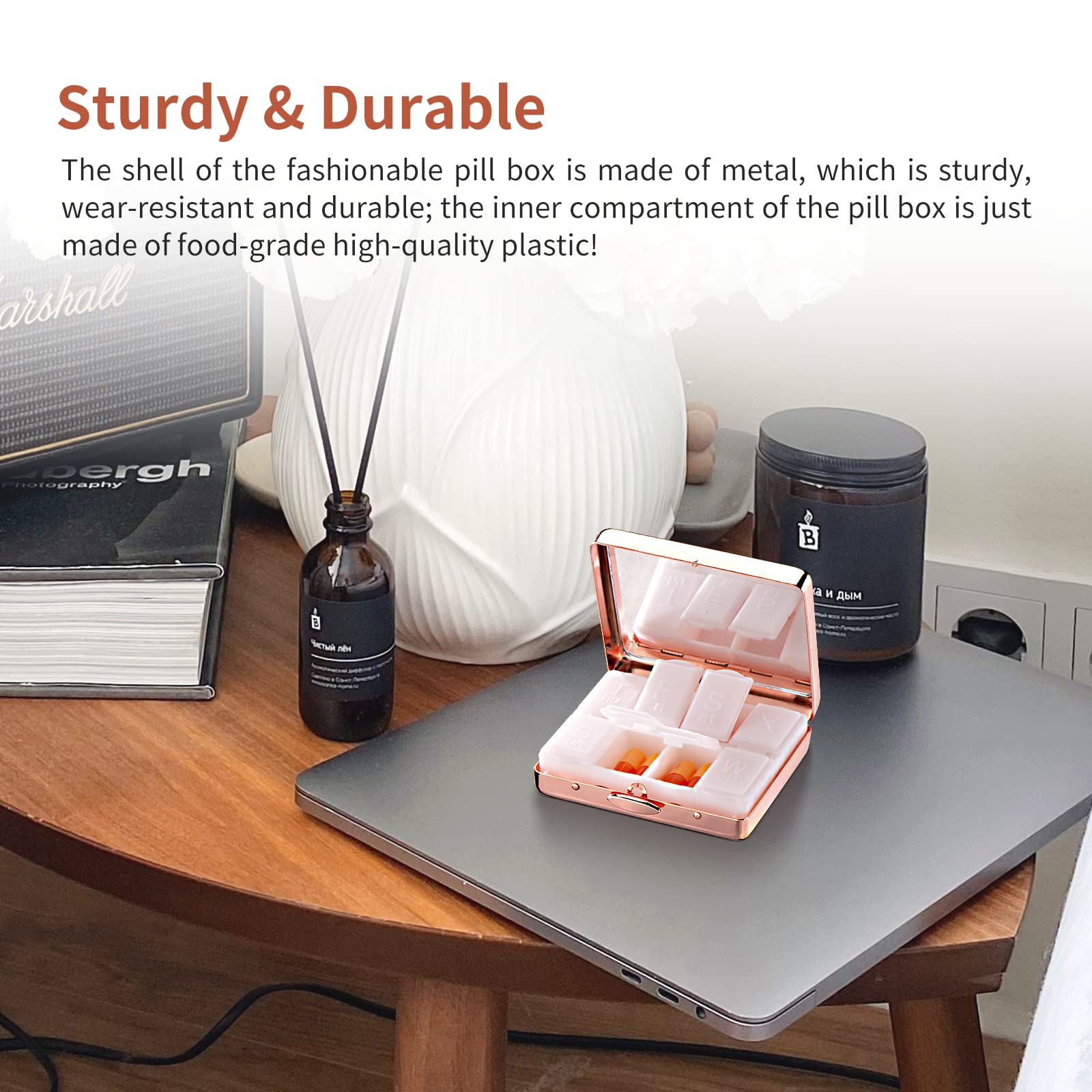 Portable Metal Travel Medicine Box with Mirror - 8 Compartments Rose Gold Pill Organizer | Perfect for Daily Medication, Travel Essentials & First Aid Kit Organization