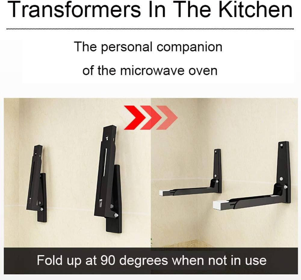 304 Stainless Steel Microwave Shelf Bracket - Heavy Duty Wall Mount Kit, Foldable & Adjustable Oven Stand Rack (2-Piece Set with Screws, 8x8.5 Inch, Black) - Perfect for Kitchen, Garage, or Laundry Room Organization