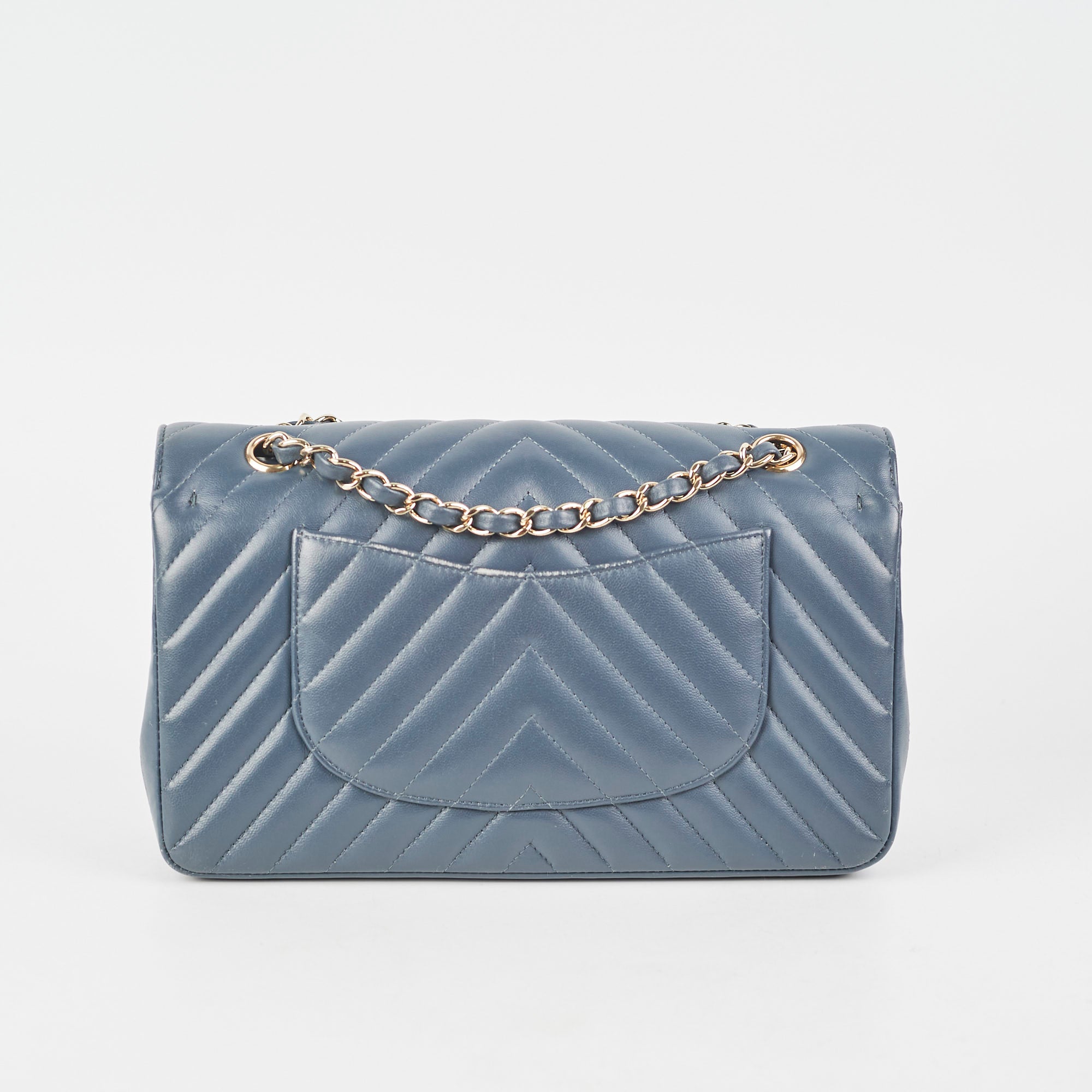 Chanel Chevron M/L Lambskin Classic Flap Bag in Dark Grey & Blue - Luxury Crossbody Shoulder Bag for Women, Perfect for Date Night & Special Occasions