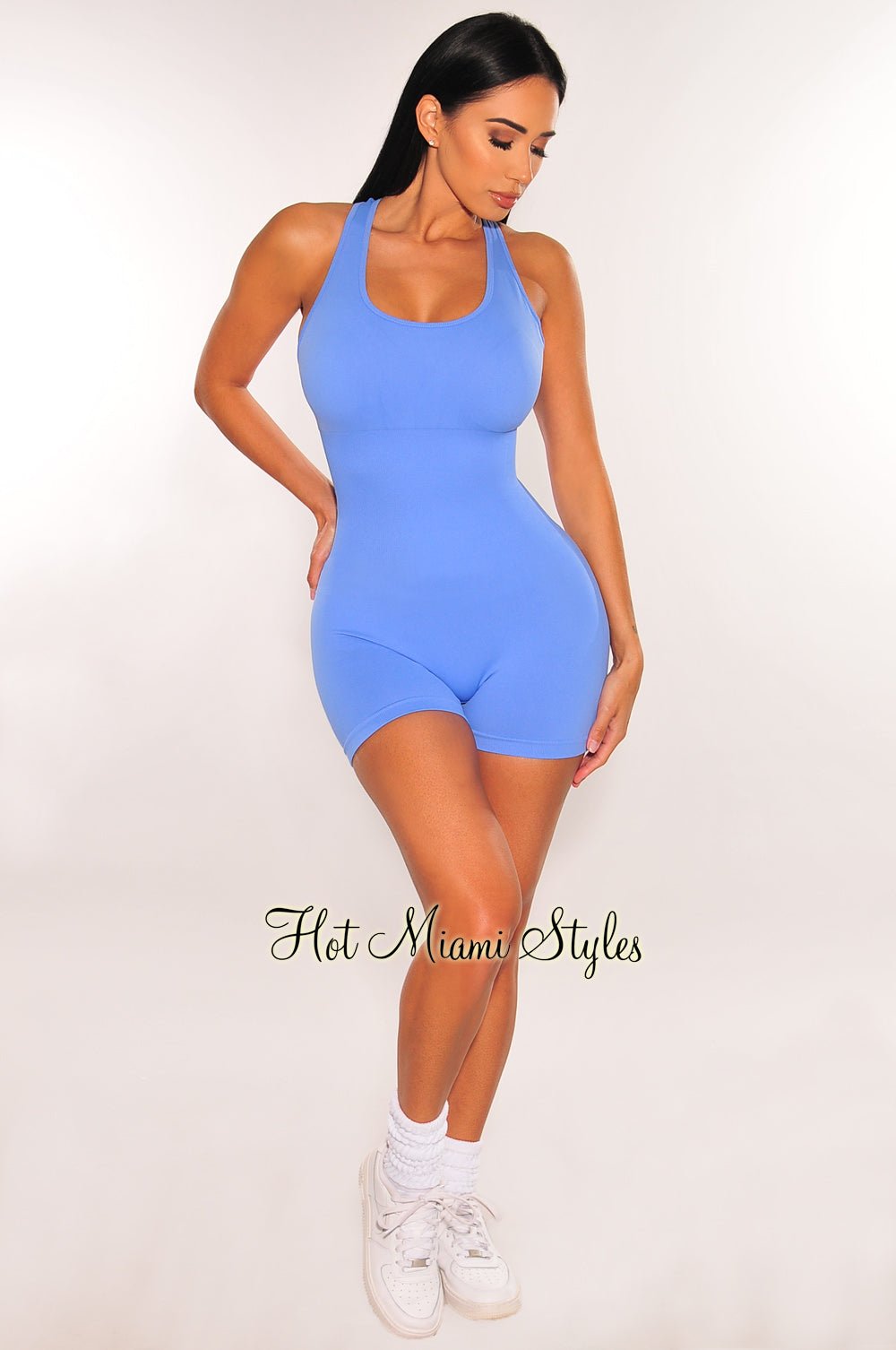 HMS Fit Women's Periwinkle Sleeveless Round Neck Snatched Romper Jumpsuit - Perfect for Summer Outfits, Beach Vacations & Casual Wear