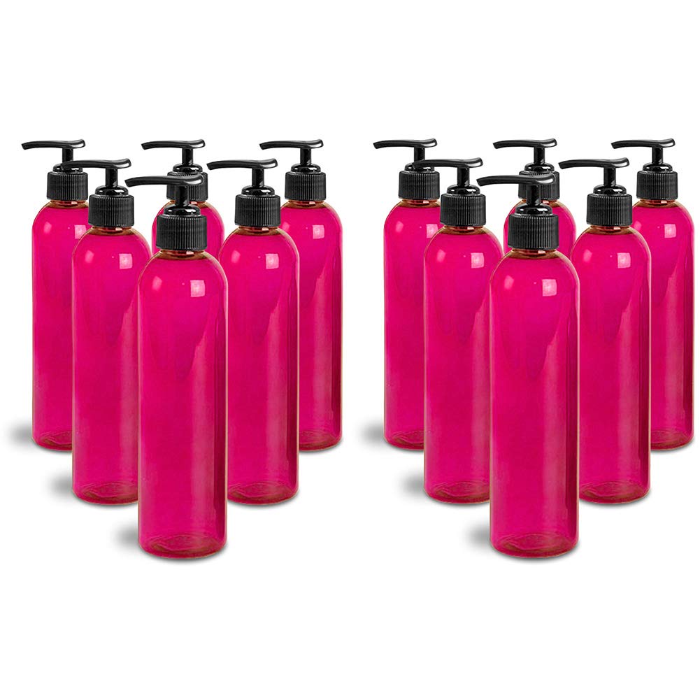 8oz Bullet Round Massage Oil Bottle with Saddle Pump - 12 Pack, Pink | Perfect for Spa, Massage Therapy & Relaxation at Home or Salon