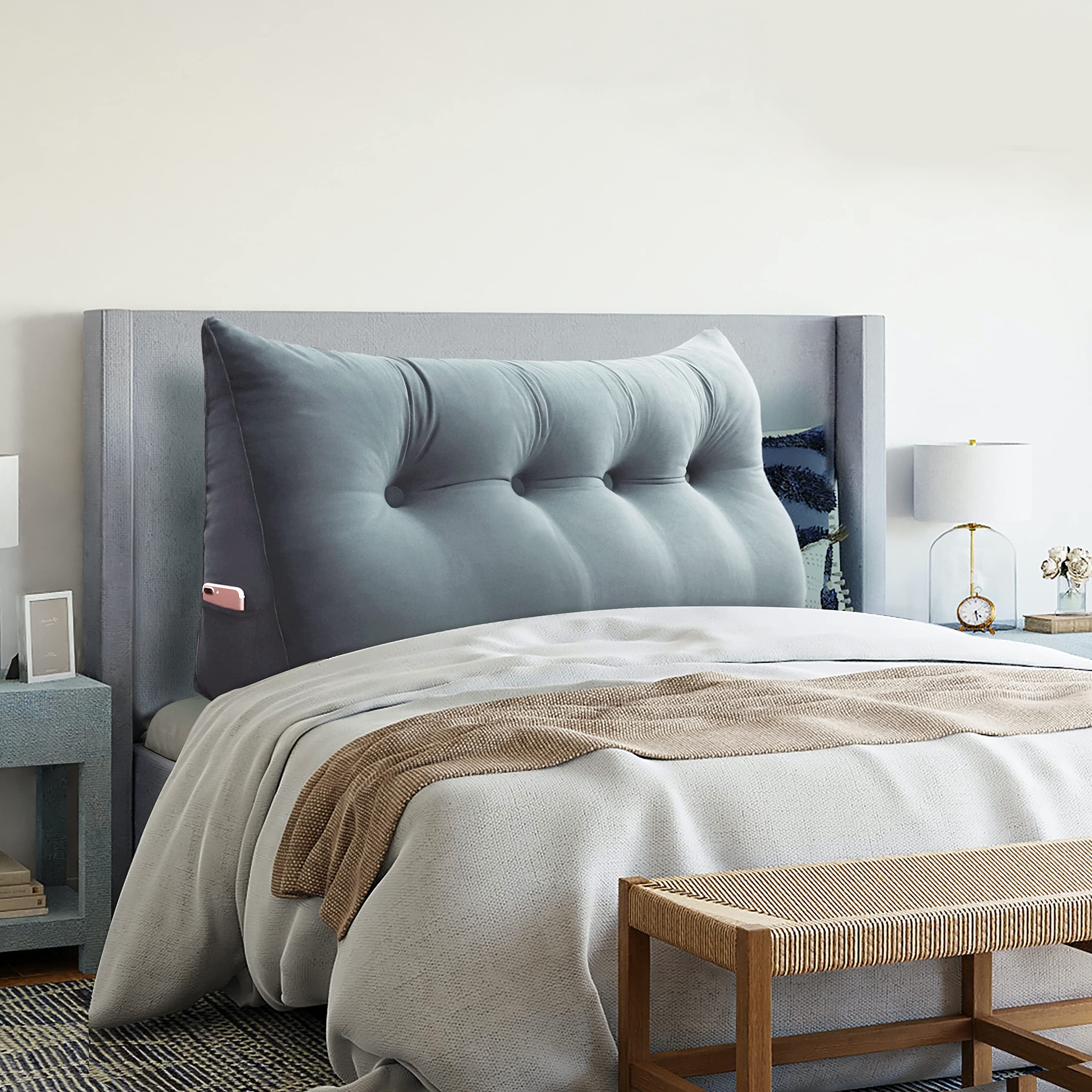 **Velvet Wedge Pillow for Bed - Large Triangular Headboard & Back Support Cushion - Reading, Daybed, Gap Filler - Light Gray (Full Size) | Perfect for Reading, Lounging & Back Pain Relief**