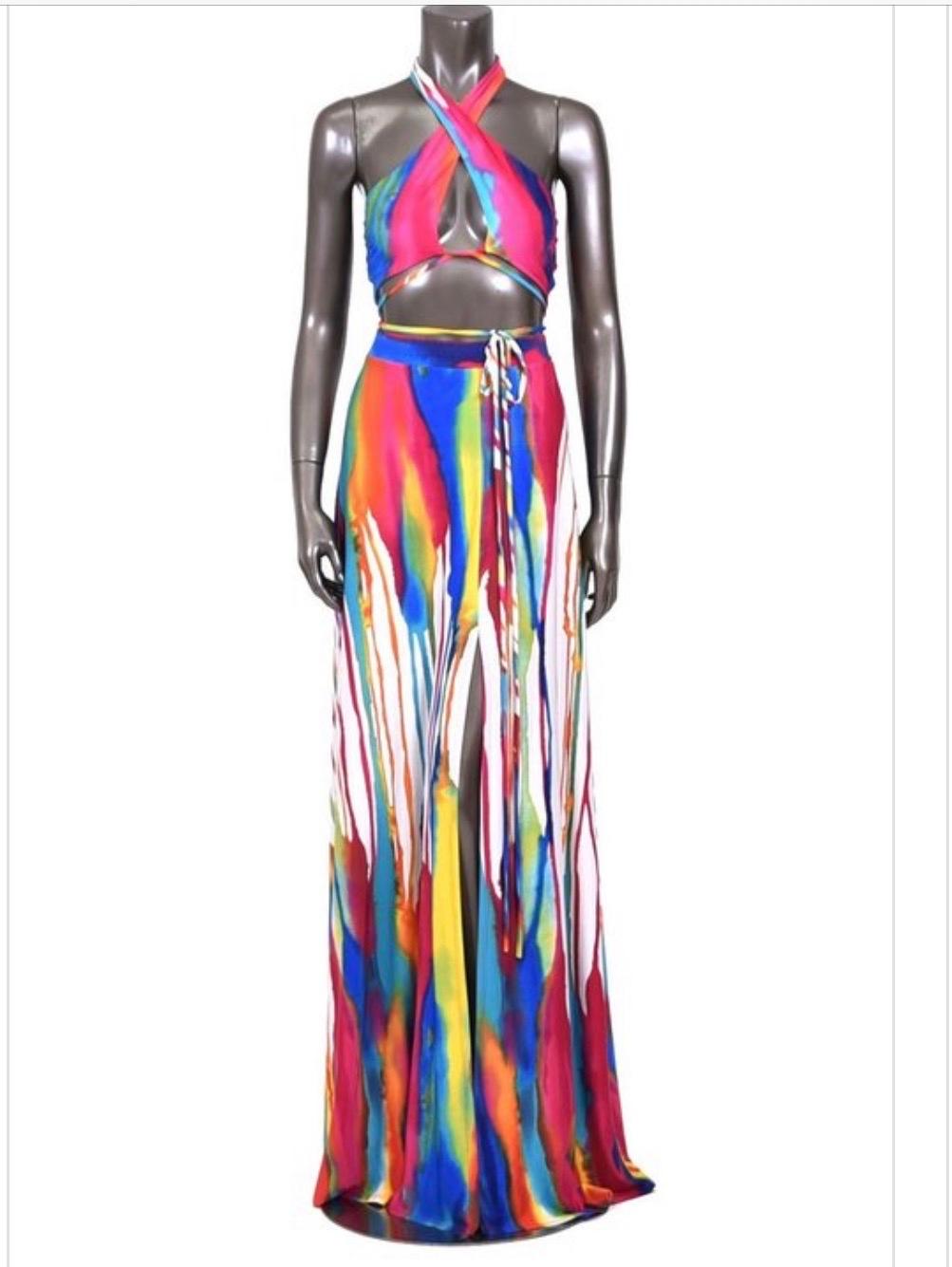 Women's White & Multi-Color Print Front Tie Blouse with Maxi Skirt Set - Summer Boho Outfit for Beach Vacation & Casual Wear