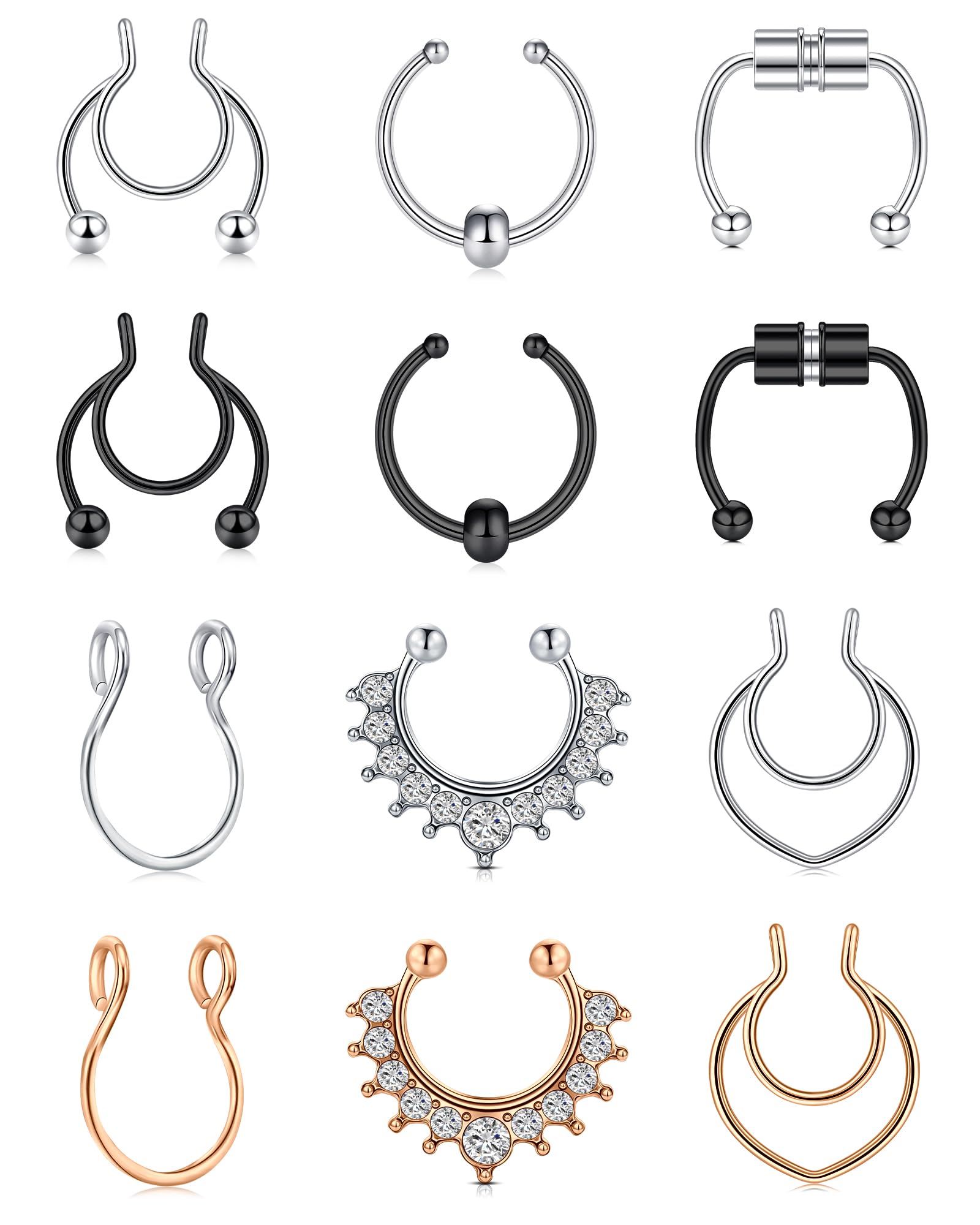 QWALIT Fake Nose Rings & Septum Piercings - Clip On Non-Piercing Faux Nose Hoops for Women & Men | Costume Jewelry for Halloween, Cosplay & Fashion Accessories