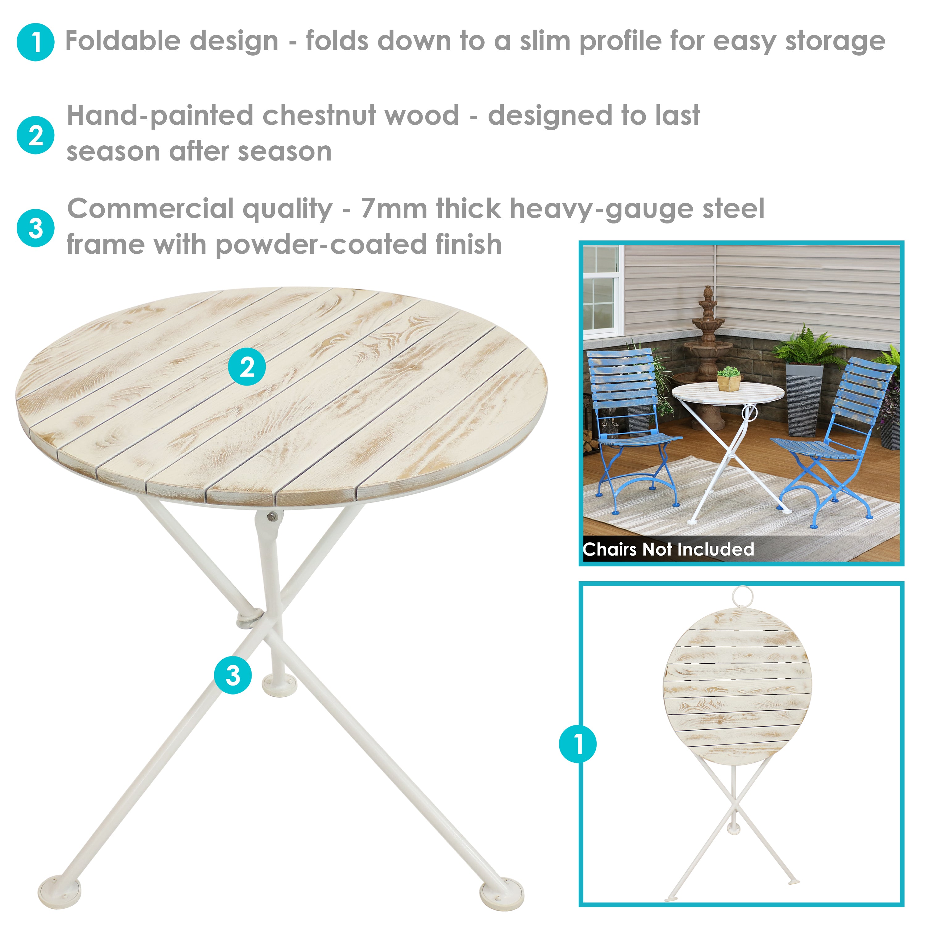 Sunnydaze French Country European Chestnut White Bistro Table - 28 Inch Round Outdoor Dining Set for Patio, Garden, Cafe & Restaurant Use