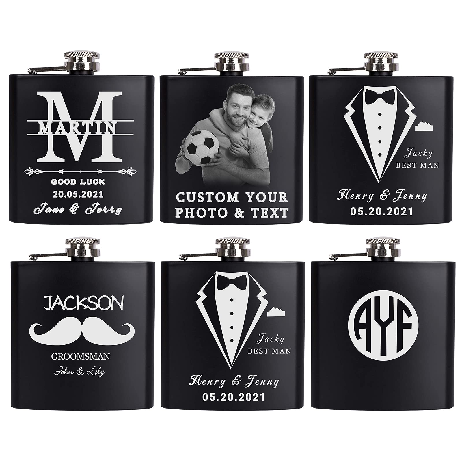 Personalized Engraved Black Flask for Men - Custom Groomsmen & Best Man Gift, 6-8 oz Wedding Favor - Perfect for Bachelor Parties, Anniversaries & Special Occasions