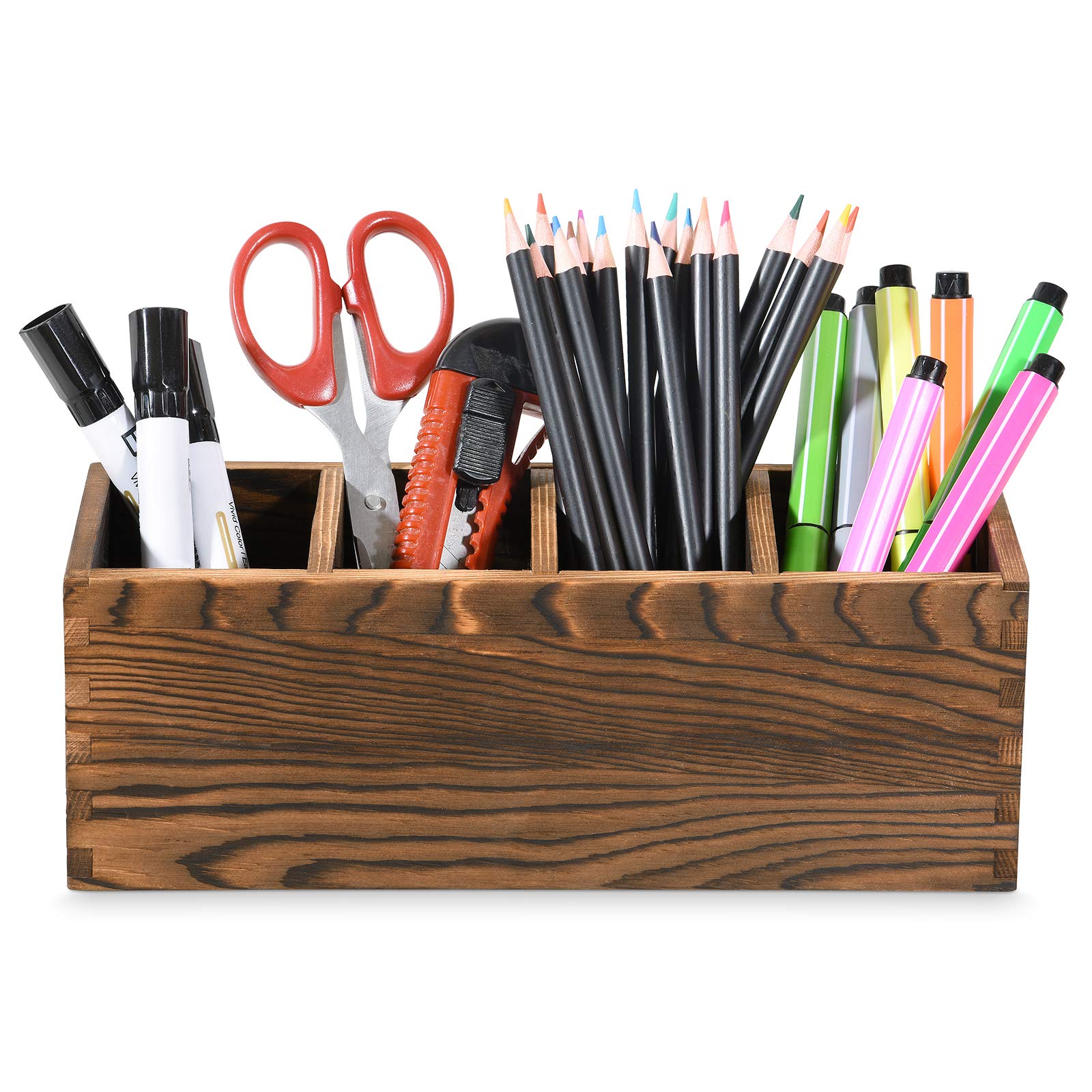 Vintage Wooden Music Box Pen Holder - Rustic 4-Compartment Desk Organizer for Pens, Pencils & Office Supplies | Perfect for Home, Office & School Use