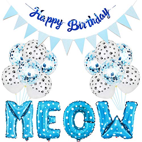 Esweny Cat Birthday Party Decorations - Meow Letter Balloons, Cat Paw Print Balloons & Happy Birthday Banner for Pet Birthday Parties | Perfect for Kitty Themed Celebrations, Kitten Adoption Events & Feline Lover Gatherings