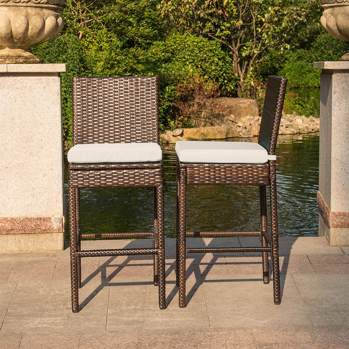 Sundale Outdoor Wicker Bar Stool Set of 4 - 30 Inch Rattan Counter Height Stools with Backrest & Beige Cushions - Brown Steel Frame Patio Furniture for Poolside, Deck, or Outdoor Dining Areas