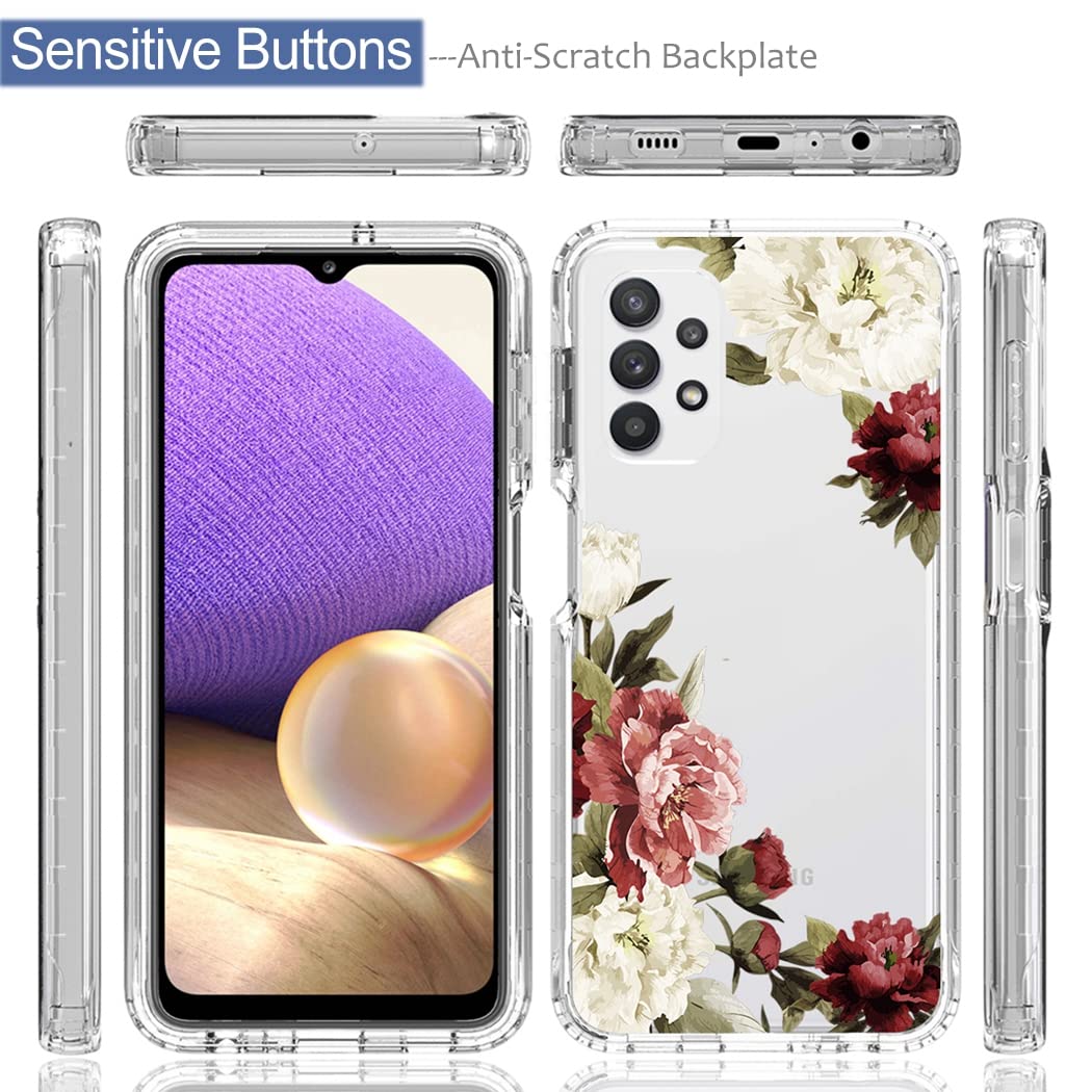 Premium Clear Floral Phone Case for Samsung Galaxy A32 5G & M32 5G - Shockproof Protective Cover with Tempered Glass Screen Protector - Cute Flower Design for Women Girls - Perfect for Daily Use, Work & Travel