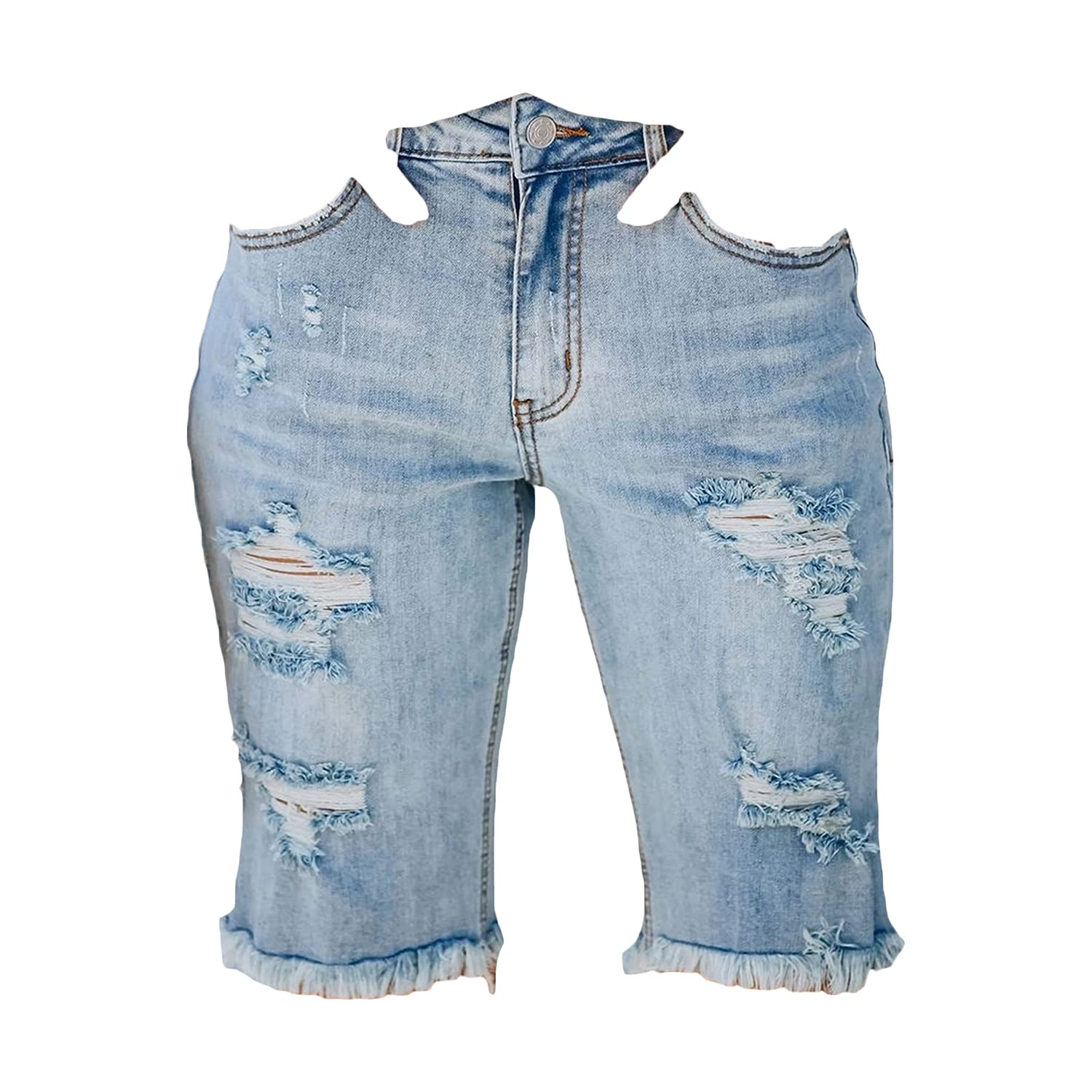 Vintage Women's Mid Waist Knee-Length Denim Shorts - Ripped Wash Frayed Bermuda Jean Shorts Slim Fit (Light Blue, Medium) | Casual Summer Outfits, Beach Wear & Street Style Fashion