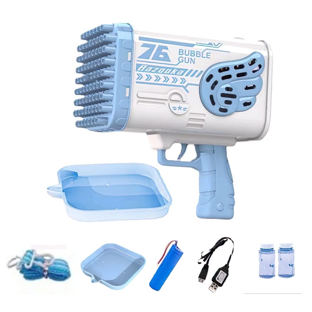 76 Holes Upgraded Bubble Blaster Gun - Lightweight Bubble Machine for Kids & Adults - Foam Party Toy for Toddlers 1-3 Years - Perfect for Weddings, Birthday Parties, Picnics & Outdoor Events - Blue Rocket Launcher Style Bubble Maker