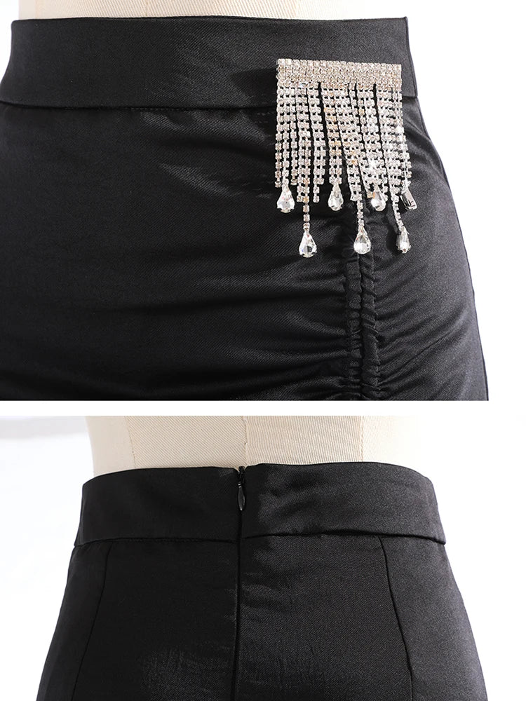 Black Patchwork Mesh Skirt for Women - High Waist Chain Tassel Loose Midi Skirt | Summer Fashion Clothing | Perfect for Parties, Dates & Casual Outfits