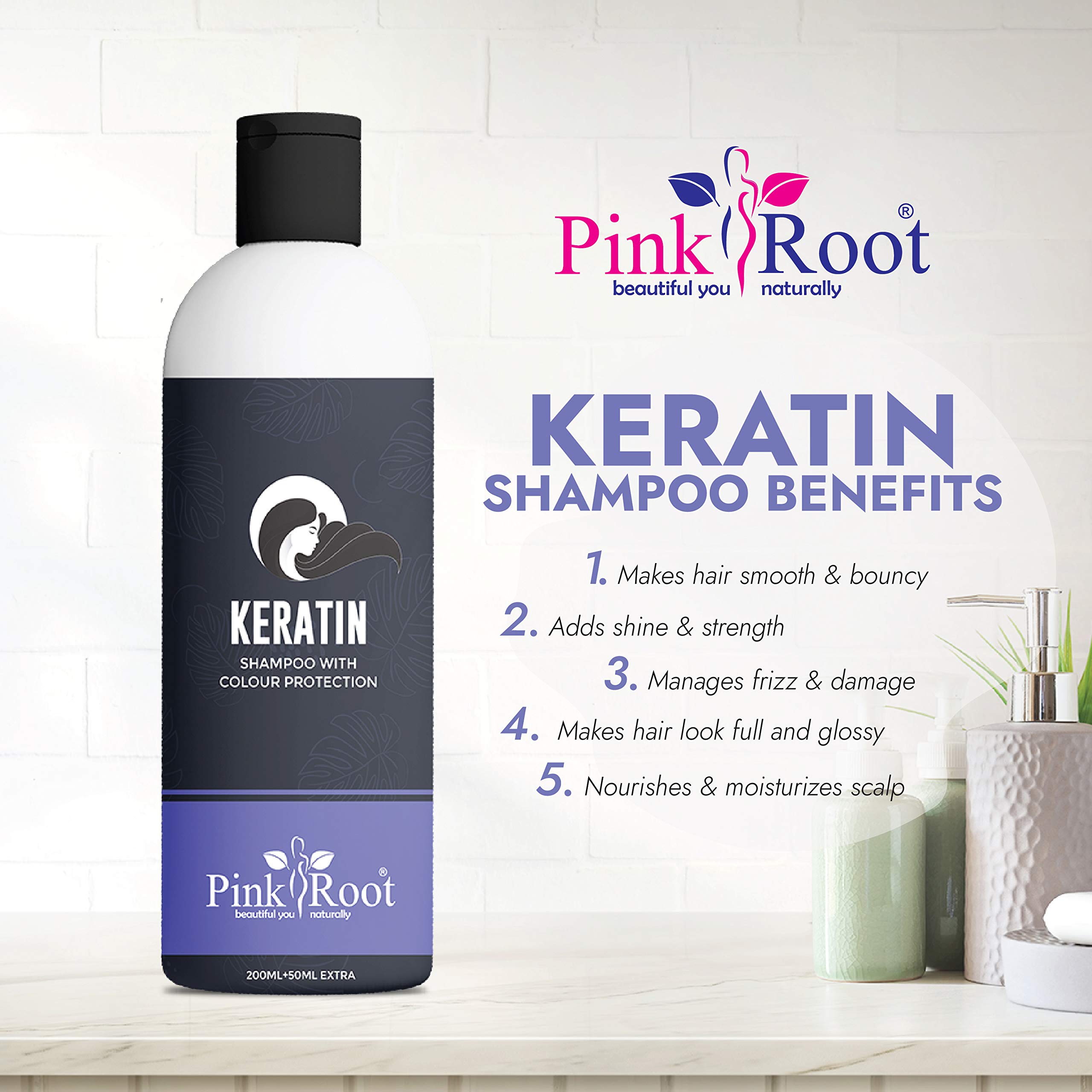 Pink Root Keratin Shampoo for Hair Repair & Growth - 250ml (200ml + 50ml Bonus) - Sulfate-Free, Nourishing Treatment for Dry, Damaged Hair - Perfect for Daily Use & Salon-Quality Results at Home