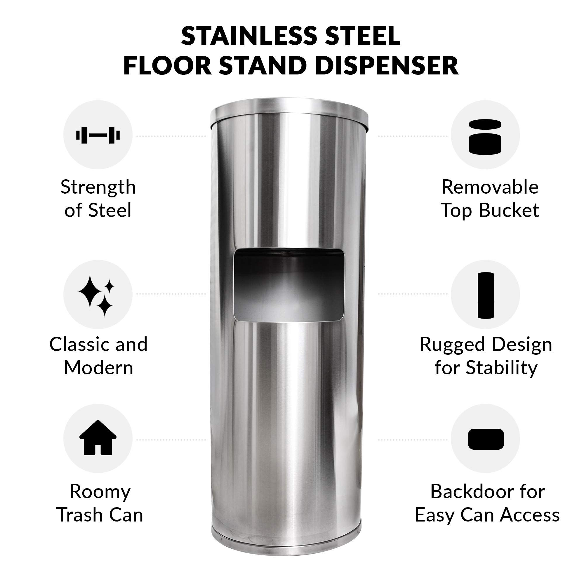 Stainless Steel Floor Stand Wipe Dispenser with Built-in Trash Can - Sanitizing & Disinfecting Wipe Refill Roll Holder - Heavy Duty Commercial Use for Gyms, Schools, Offices, Hospitals & Public Facilities - Ideal for Hygiene Maintenance & High-Traffic Areas