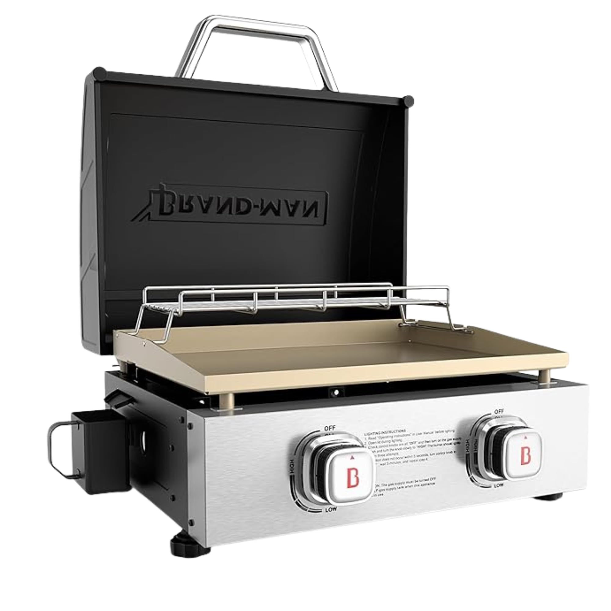 Brand-Man 2-Burner 18,000 BTU Portable Propane Griddle with Lid - Flat Top Gas Grill with Warming Rack & Adapter Hose - Perfect for Outdoor Cooking, Camping, Tailgating, Backyard BBQs & Picnics