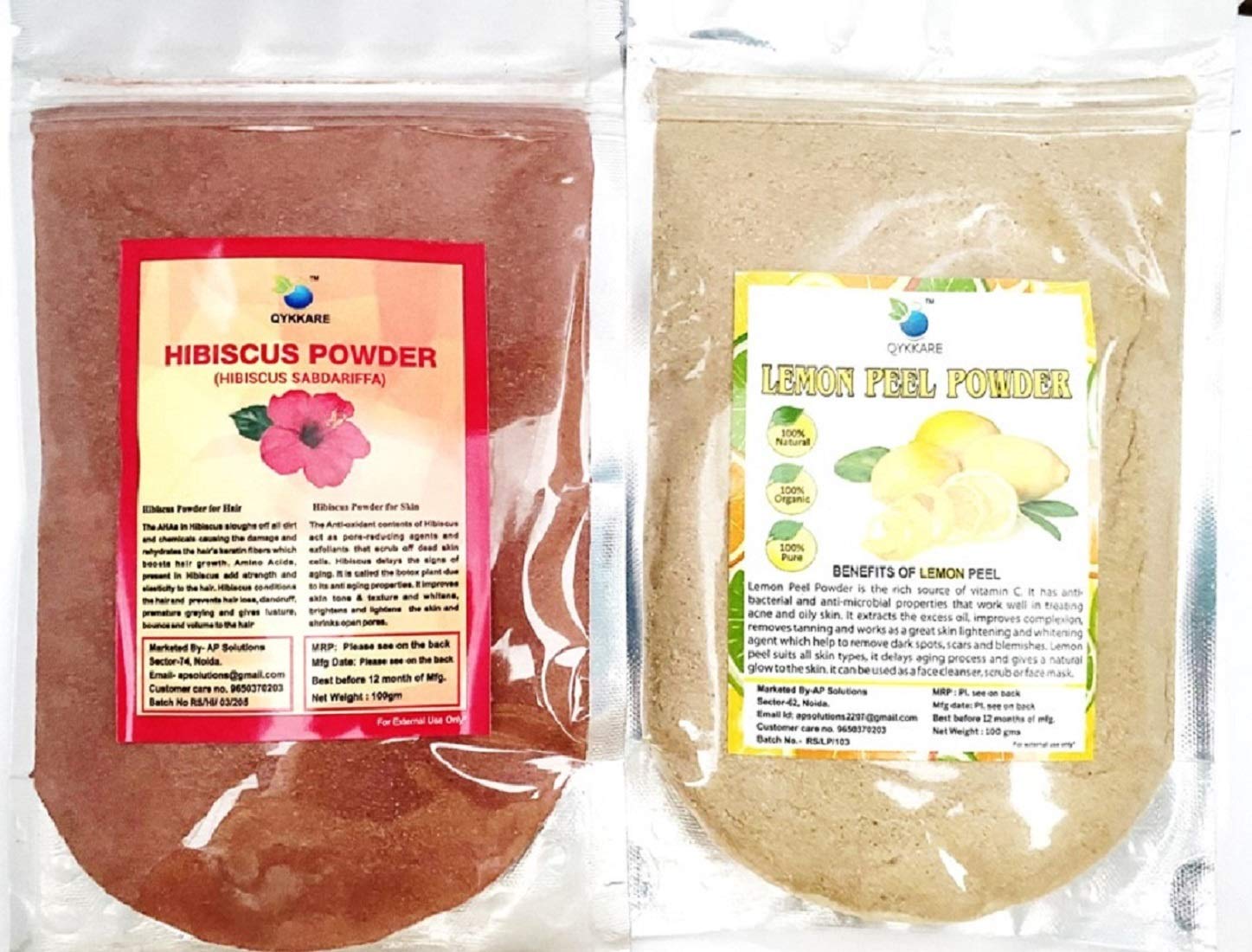 Organic Hibiscus & Lemon Peel Powder Combo Pack - 100g x 2 | Natural Skin & Hair Care | DIY Face Masks, Hair Treatments & Herbal Tea Blends