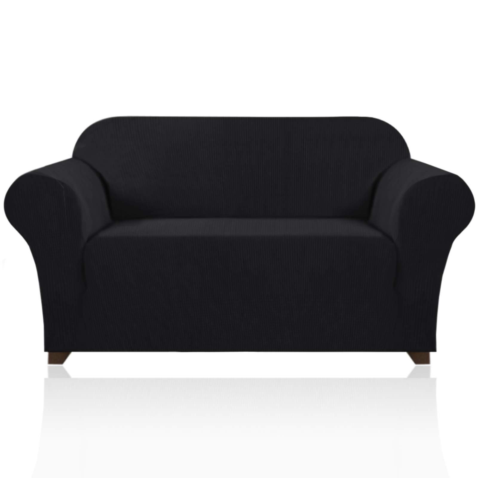 PrinceDeco Stretch Loveseat Sofa Cover - Washable 2-Cushion Slipcover with Non-Slip Bottom, Pet-Friendly Furniture Protector for Small Couches (Black) - Perfect for Living Rooms, Apartments & Pet Owners