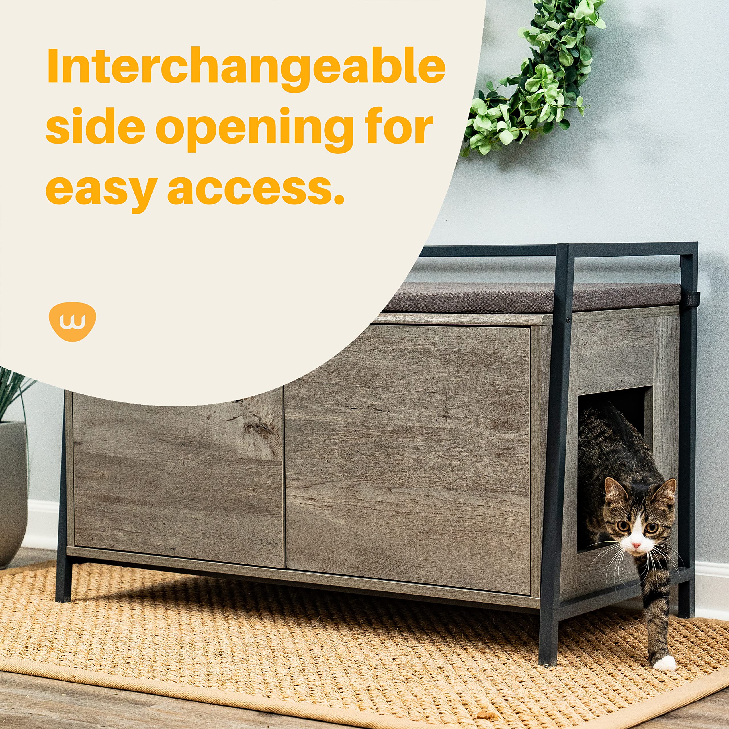Whisker Litter Box Bench with Enclosure - Farmhouse Style Hidden Cat Litter Box Furniture, Mystic Oak Finish, 38.11