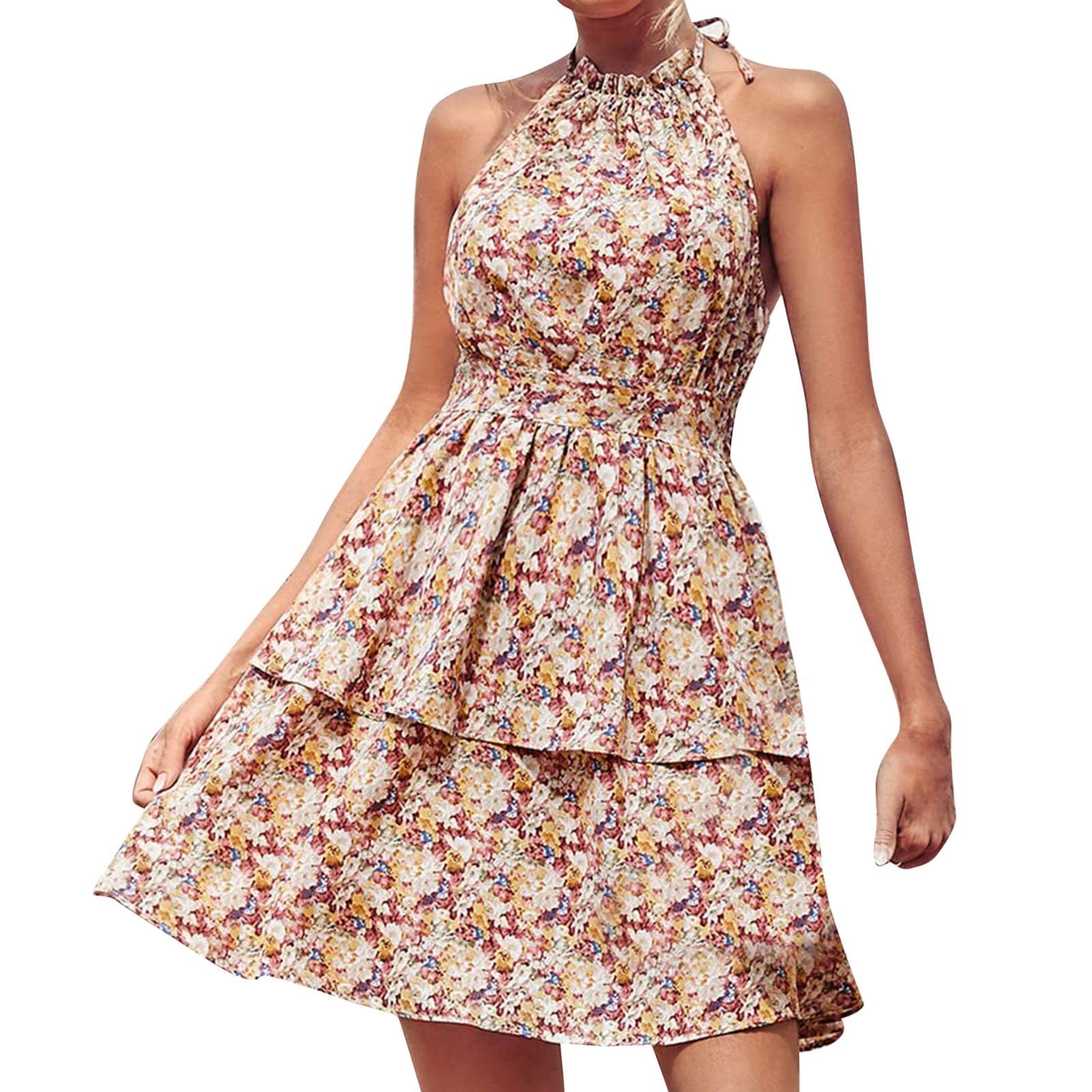 Boho Floral Sundress for Women - Sleeveless Halter Neck Summer Dress with Elastic Waist & Tiered Ruffle Skirt | Perfect for Beach Vacations, Music Festivals, and Casual Summer Outings