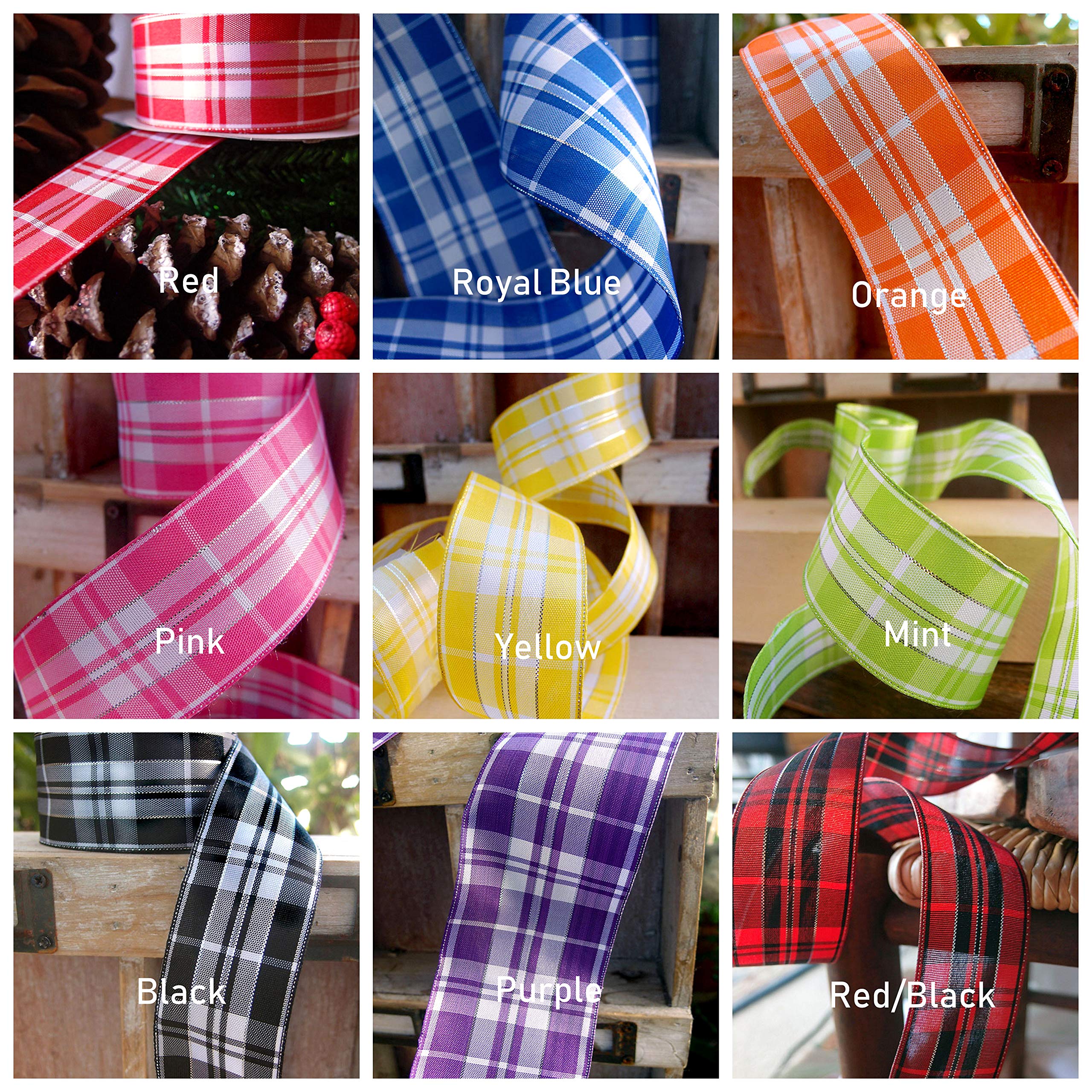 10 Yards Tartan Plaid Wired Ribbon with Metallic Accents - 1.5