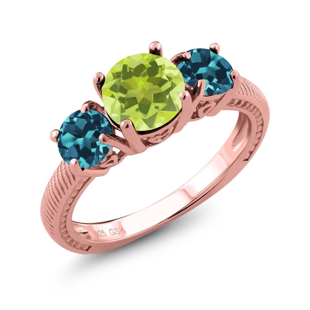 2.20 Ct Yellow Lemon Quartz & London Blue Topaz 18K Rose Gold Plated Silver Ring for Women | Elegant 3-Stone Jewelry for Engagement, Anniversary & Special Occasions